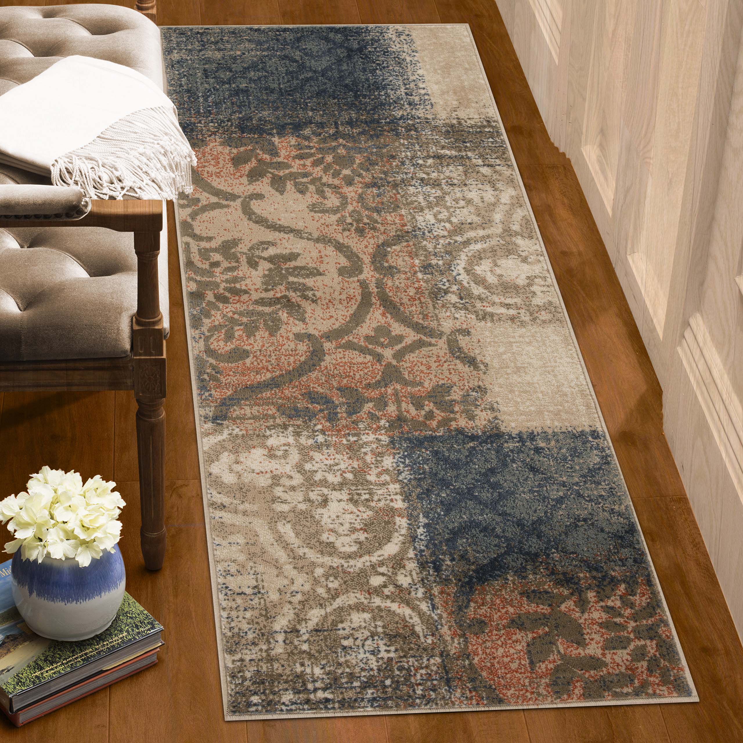 Bristol Distressed Abstract Damask Indoor Area Rug - Non-Slip Living Room Carpet Runner for Bedroom, Hallway & Entryway Decor