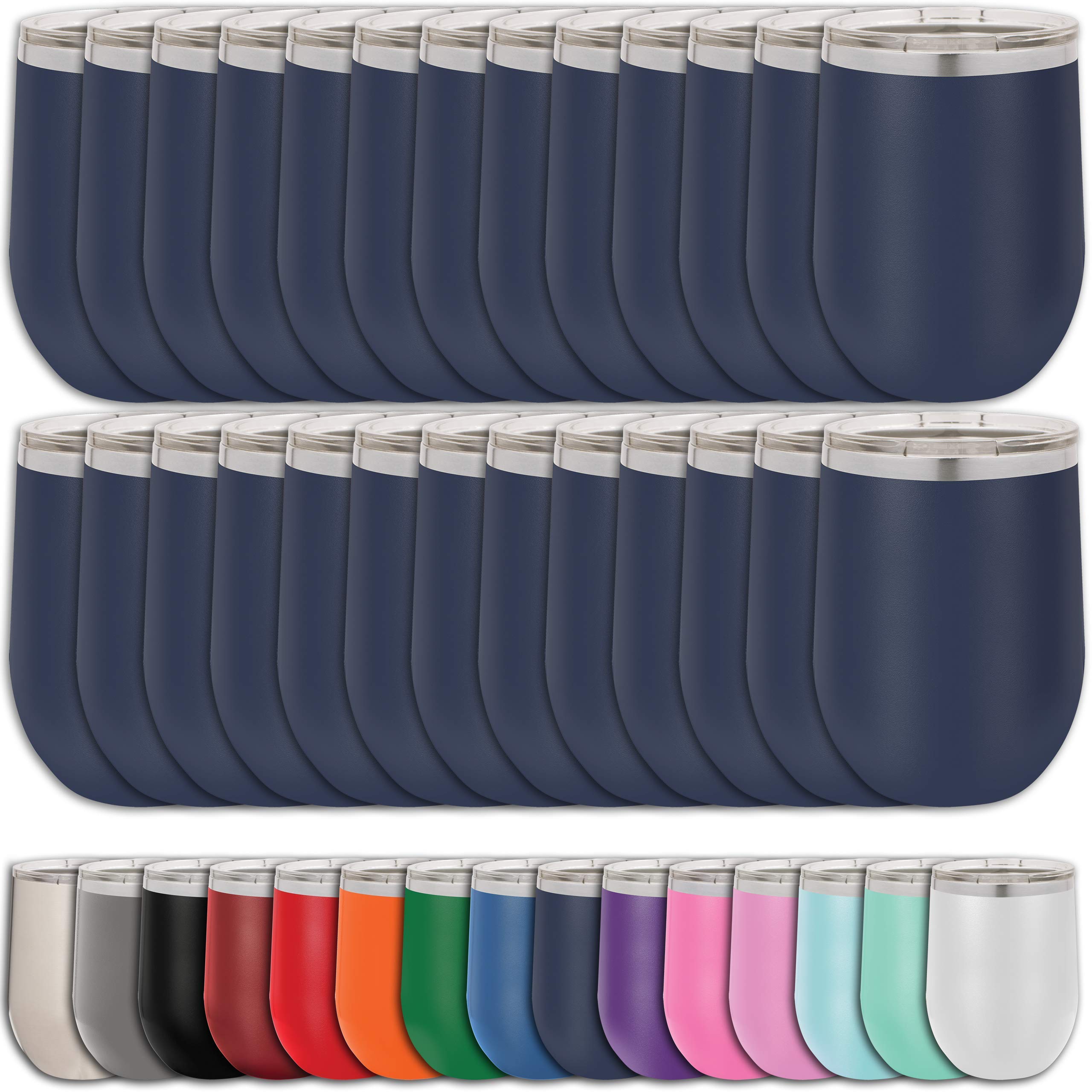 24-Pack 12 oz Stainless Steel Wine Tumblers with Lid - Vacuum Insulated Double Wall 18/8 Stemless Cups - Navy Blue Powder Coated - Perfect for Parties, Picnics & Outdoor Events - Clear Water Home Goods