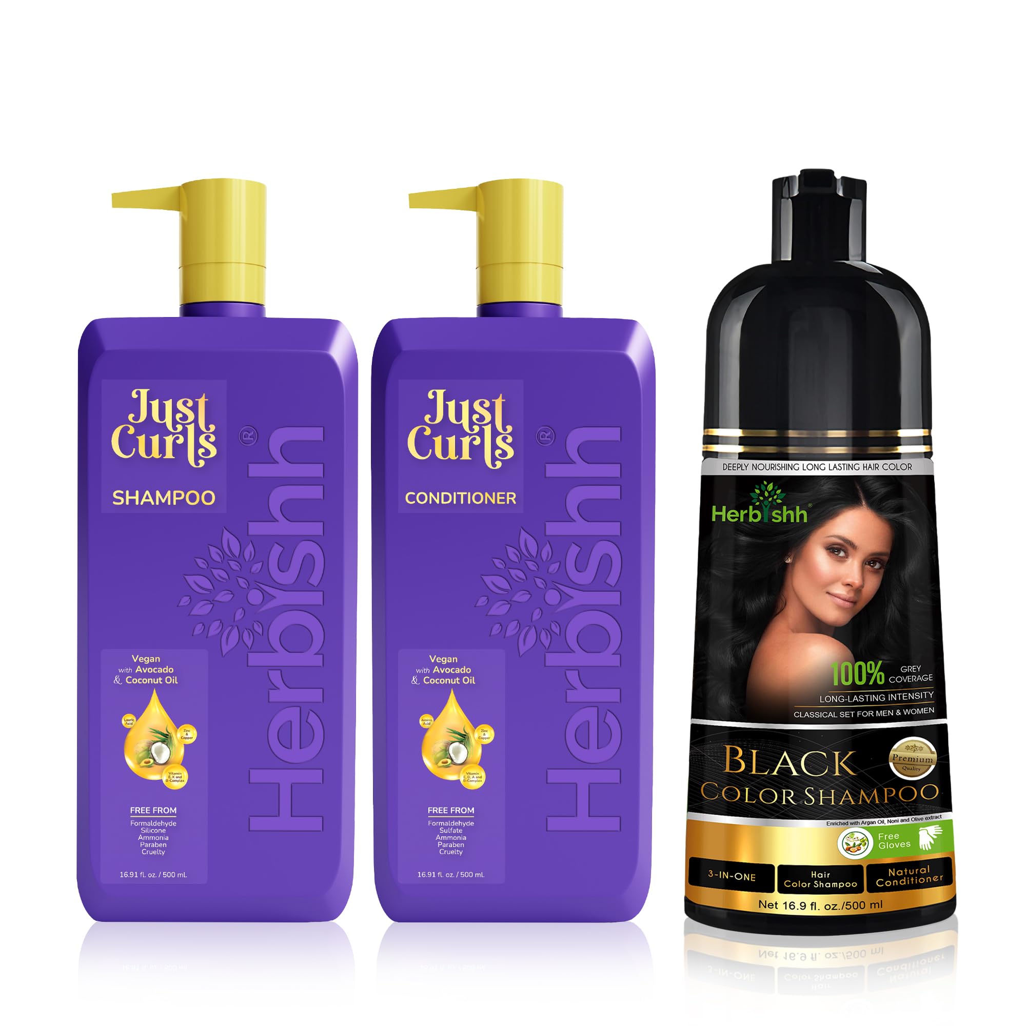 Herbishh Gray Hair Color Shampoo - Black 500ml with Curly Hair Shampoo & Conditioner Set | Natural Hair Dye & Moisturizing Care for Women & Men | Perfect for Home Use & Salon Styling