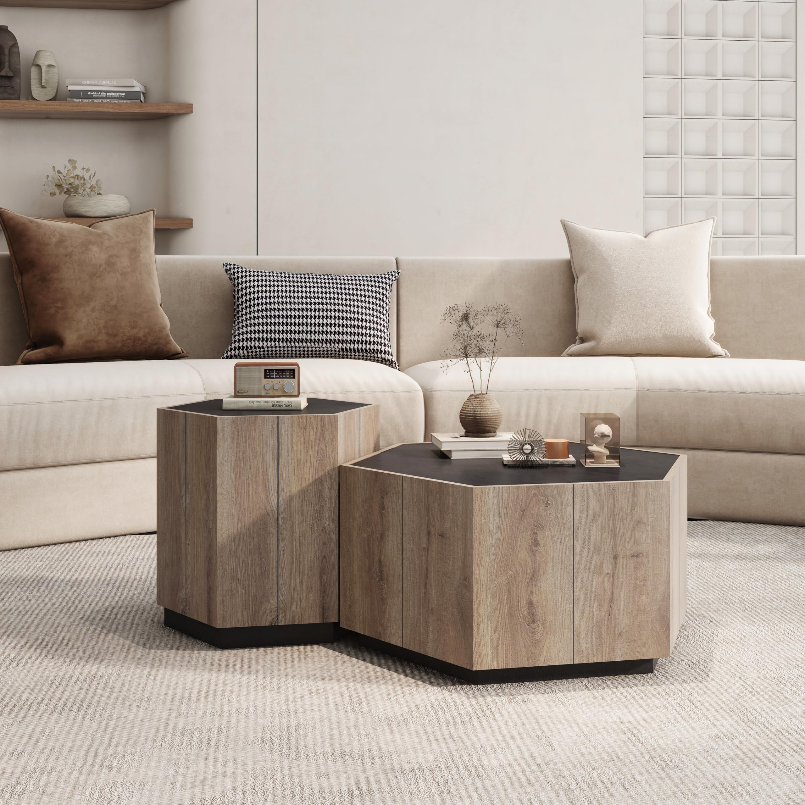 Hexagonal Nesting Coffee Table Set of 2 with Storage Drawers - Farmhouse & Industrial Style for Living Room Bedroom