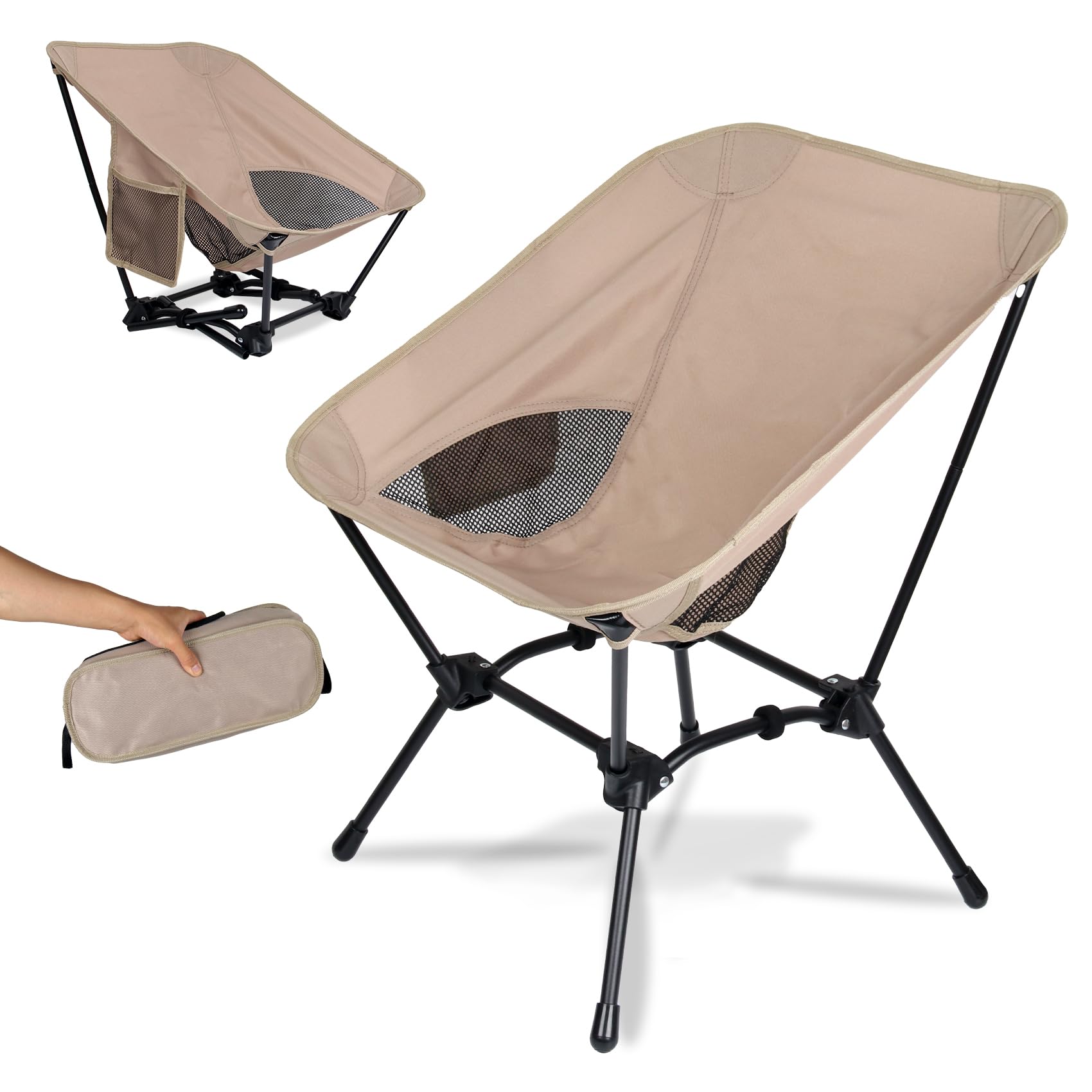 **Dreamoon Lightweight Foldable Camping Chair - Portable Backpack Chair with Side Pockets & Carry Bag, Adjustable Height Compact Outdoor Chair for Camping, Beach, Picnic, Hiking, Fishing, Travel - Perfect for Backyard, Tailgating & Outdoor Adventures (Khaki)**