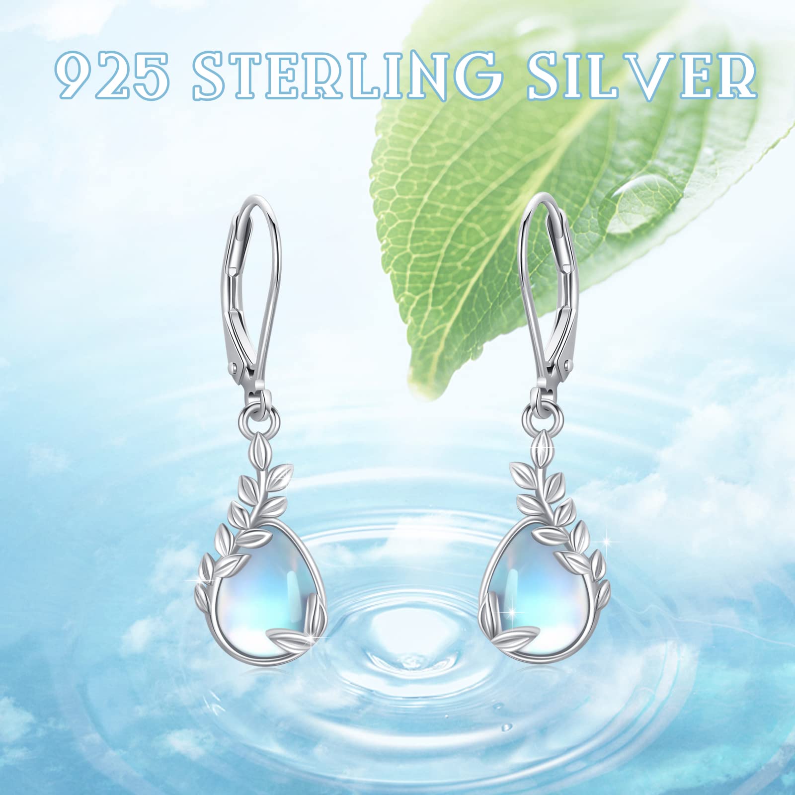 925 Sterling Silver Leaf Dangle Earrings with Moonstone - Elegant Leverback Drop Earrings for Women | Nature-Inspired Jewelry Gift for Birthday, Wedding & Everyday Wear