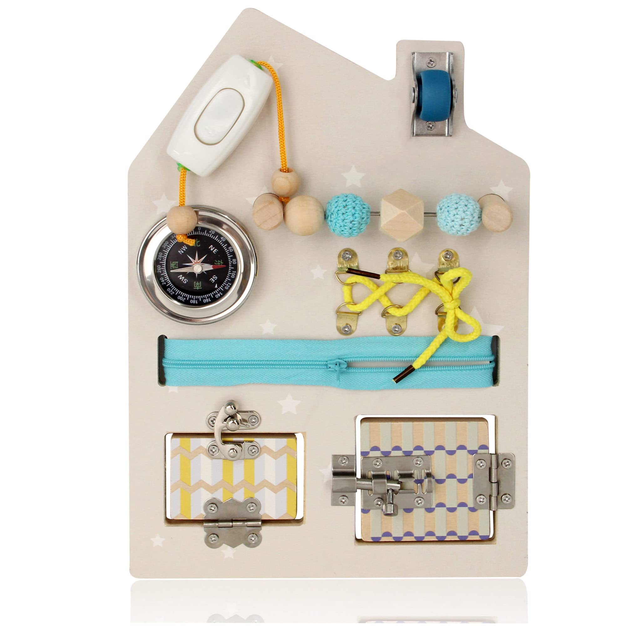 Montessori Busy Board for Toddlers - Wooden Sensory Travel Toy with Locks, Latches & Zippers - Early Learning Activity Board for Kids - Perfect for Airplane Travel, Car Rides & Home Play