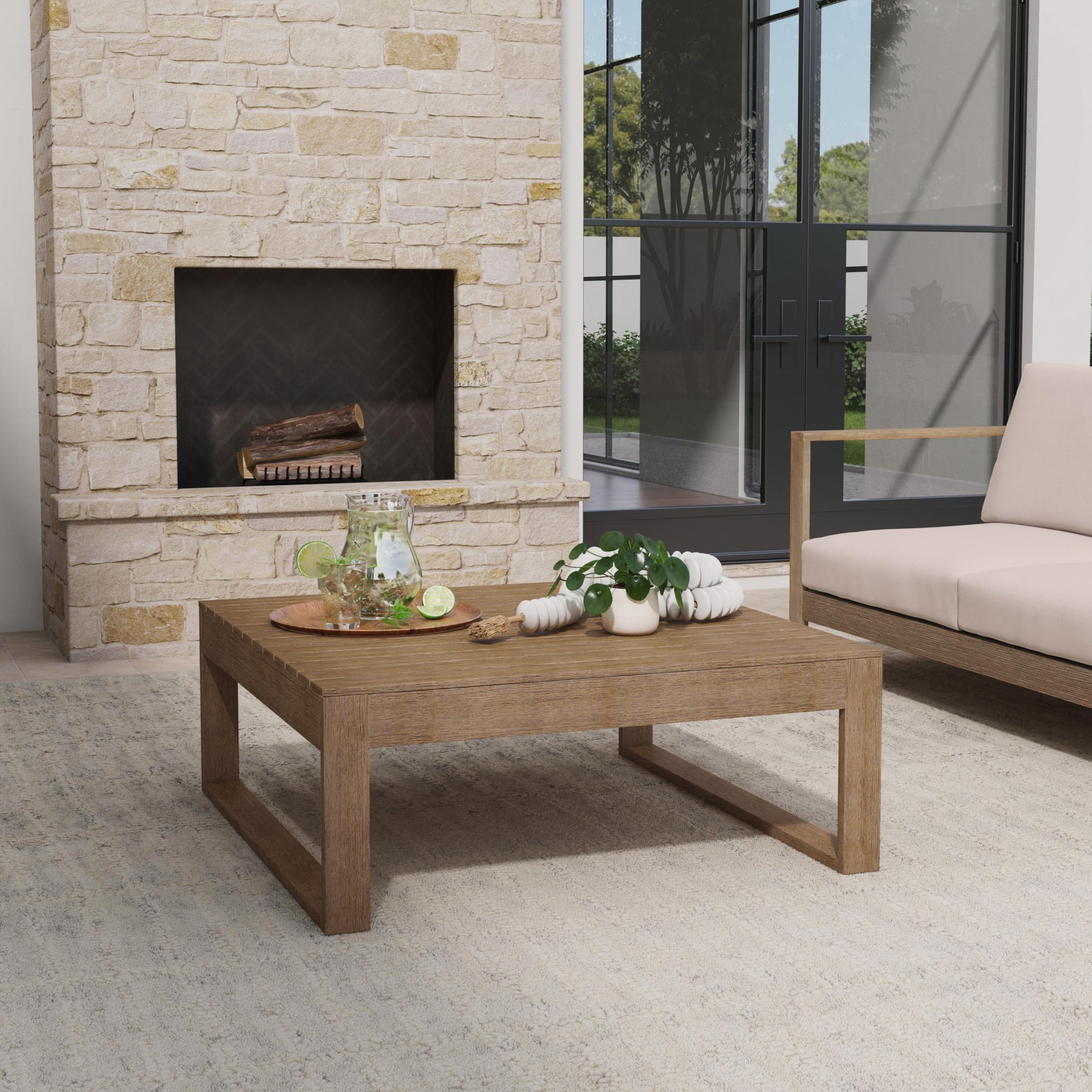 Linon Natural Silas Oversized Eucalyptus Outdoor Coffee Table - Weather-Resistant Patio Furniture for Garden, Poolside & Backyard Decor