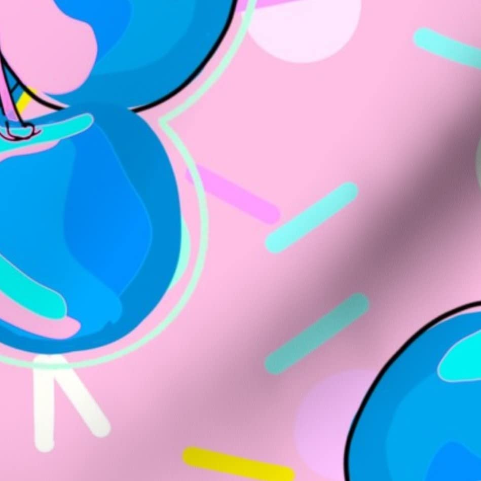 Cartoon Cherries Printed Organic Cotton Sateen Fabric by The Yard - Bright Pink Blue Neon Design for Sewing, Quilting, Apparel & Home Decor | Perfect for DIY Dresses, Curtains, Pillows & Craft Projects