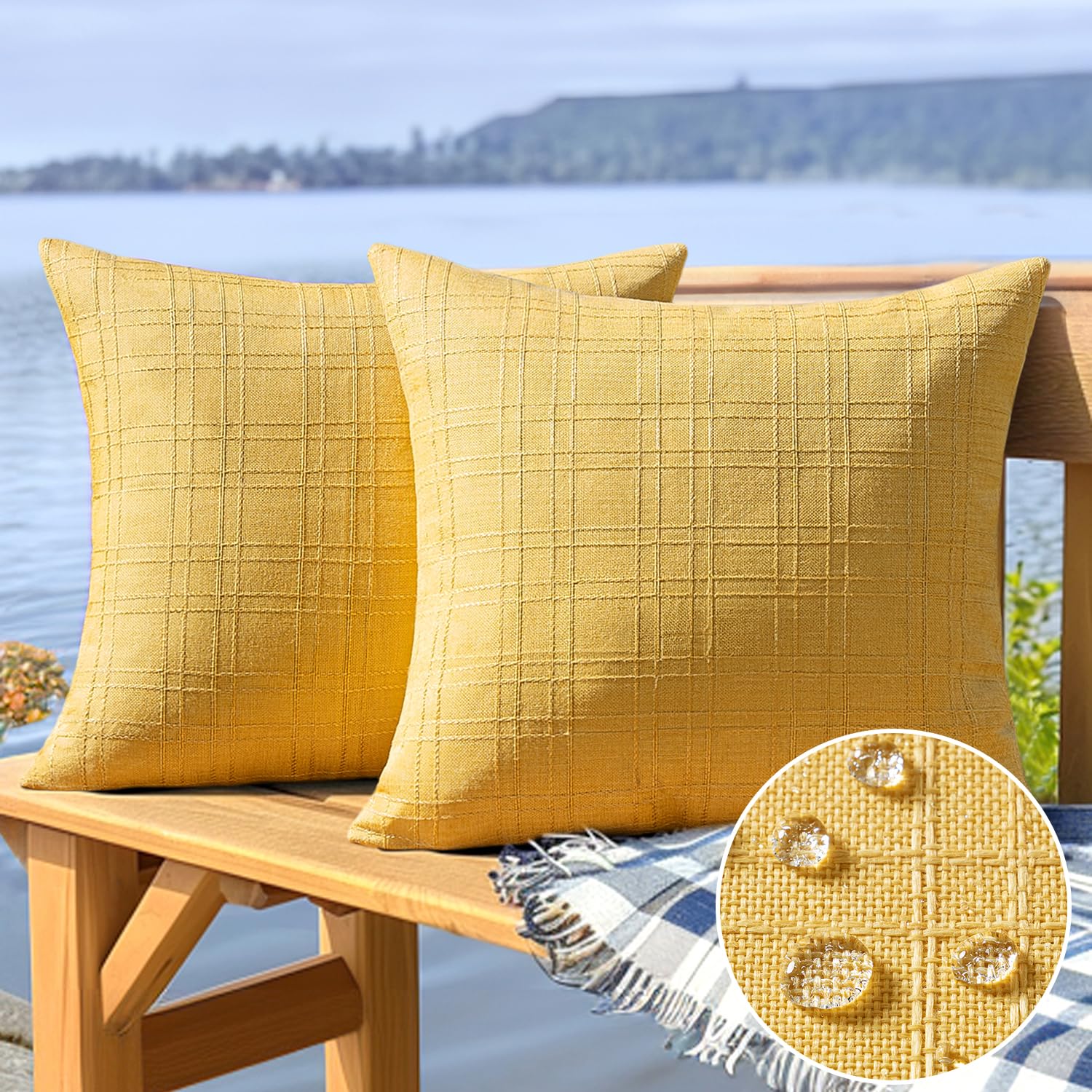 MIULEE Waterproof Outdoor Throw Pillow Covers - Set of 2 (18x18 Inch) Yellow Farmhouse Decorative Cushion Covers for Patio, Garden, Tent, Sofa & Couch - Weather Resistant & Durable | Perfect for Outdoor Furniture, Camping & Home Decor