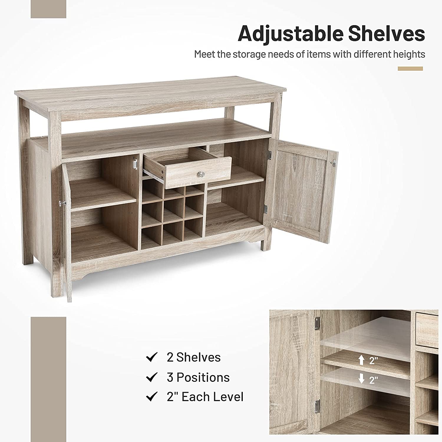 BANGTANE Buffet Kitchen Sideboard - Wooden Console Table with 2 Cabinets, Drawer, Wine Rack & Open Shelf | Storage Organizer for Living Room & Dining Room | Perfect for Home Decor & Entertaining Guests (Grey)