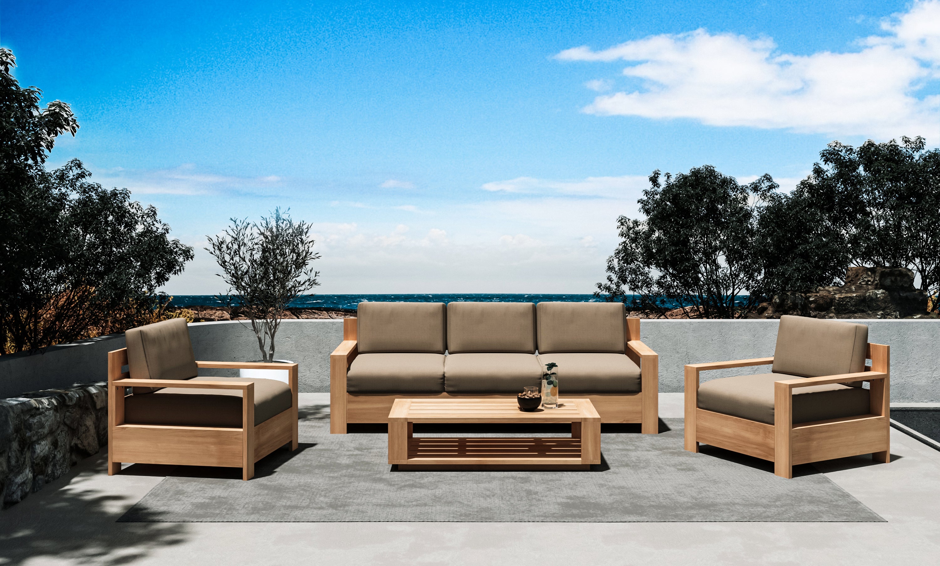 Lothair 4-Piece Teak Outdoor Patio Deep Seating Set with Sunbrella Fawn Cushions - Durable Patio Furniture for Backyard, Garden & Poolside Relaxation