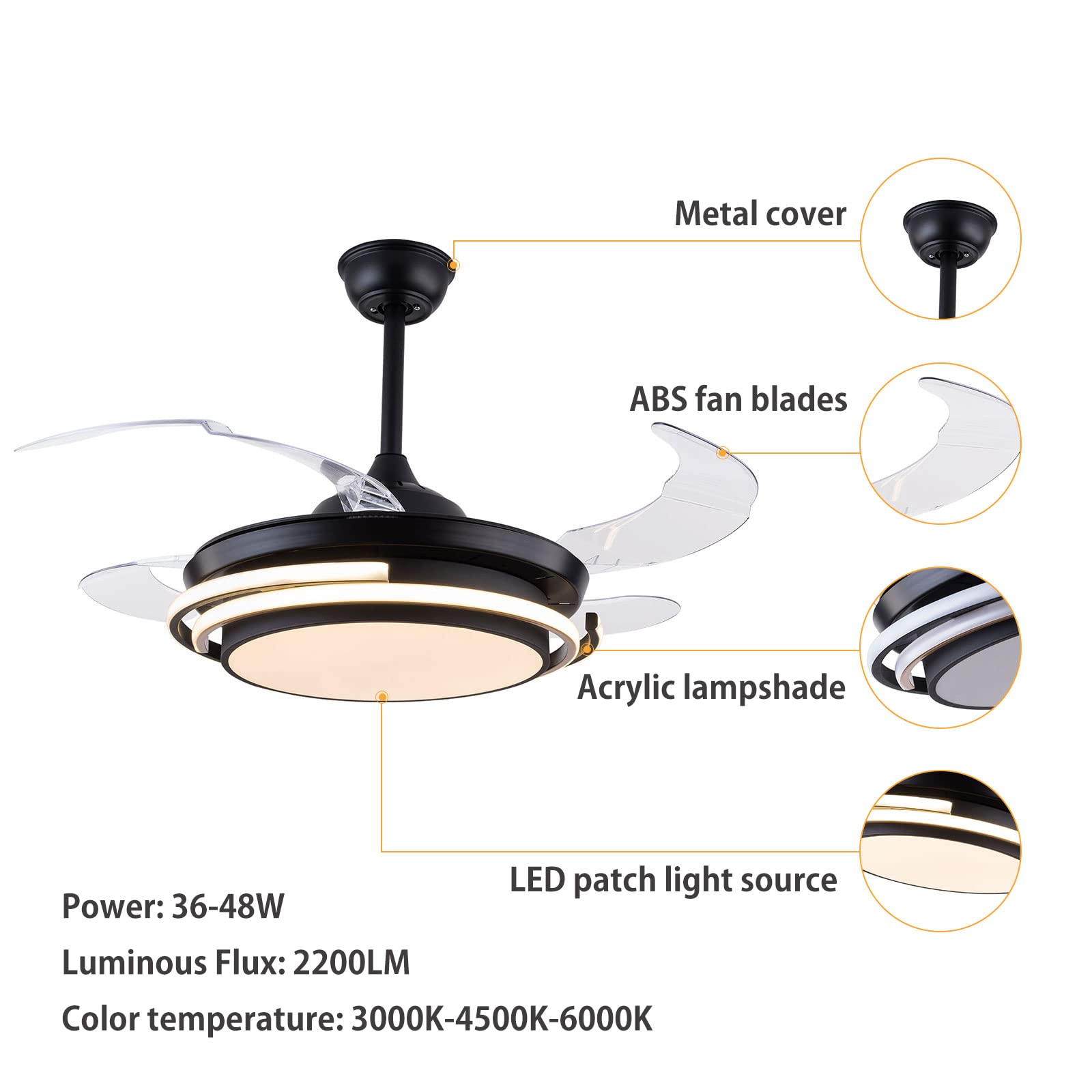 42 Inch Smart Retractable Ceiling Fan with LED Light & Remote - Modern Dimmable Invisible Ceiling Fan, Ultra Quiet for Bedroom, Living Room & Office - Black Energy Efficient Design