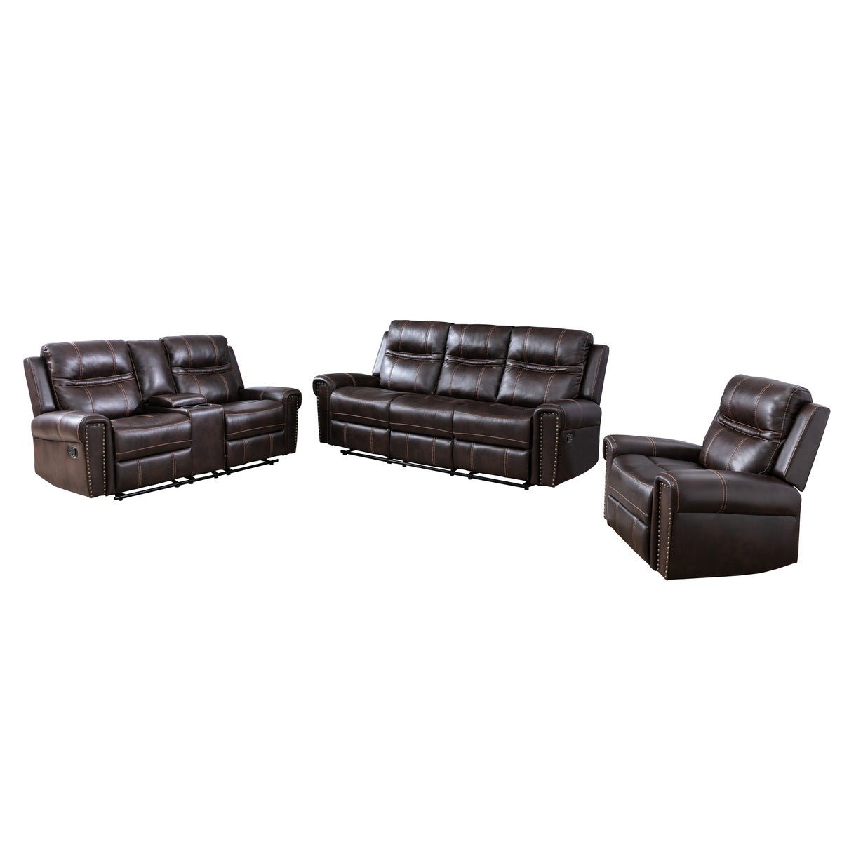 Emerson Brown Reclining Loveseat Sofa with Center Console & Cup Holders - Modern Living Room Furniture for Small Spaces, Home Theater, and Family Gatherings