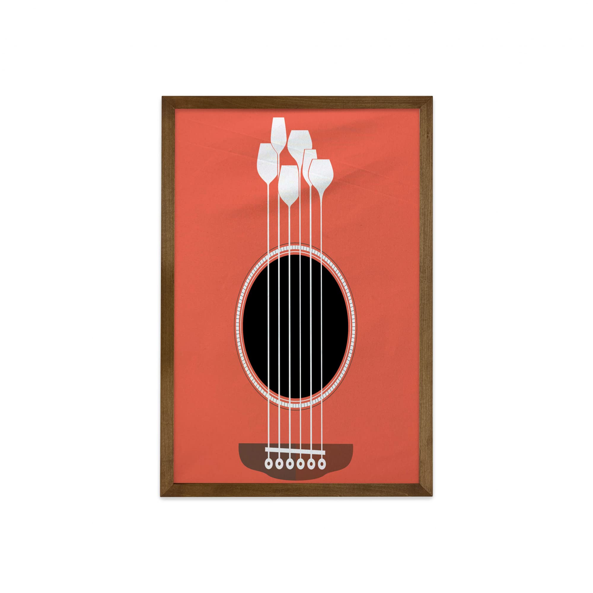Ambesonne Framed Wall Art - Acoustic Guitar & Wine Glasses Musical Design, Teak Wood Frame Fabric Decor (23