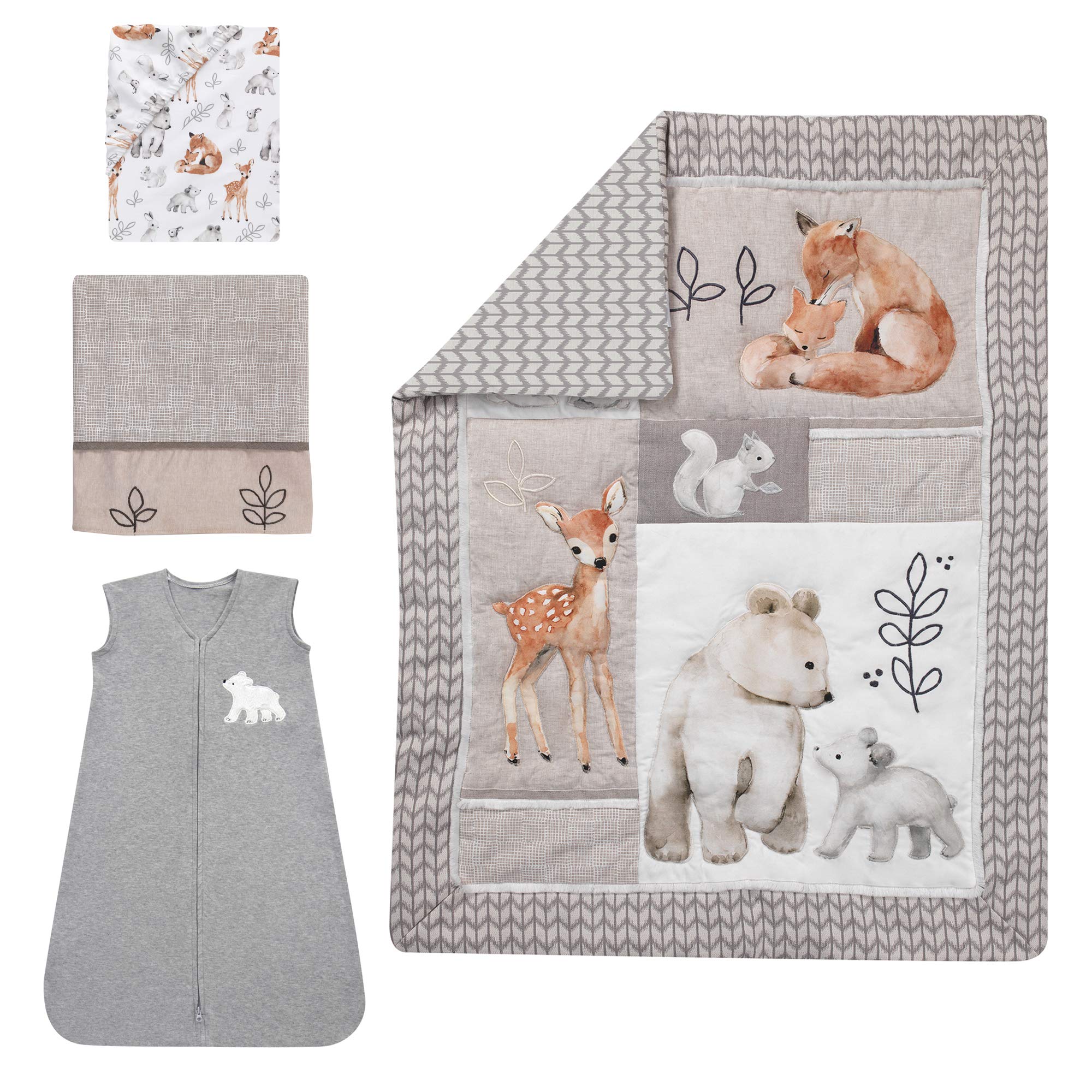 Lambs & Ivy Painted Forest 4-Piece Crib Bedding Set - Soft Gray, Beige & White Nursery Decor | Perfect for Baby Shower Gifts & Cozy Nursery Themes