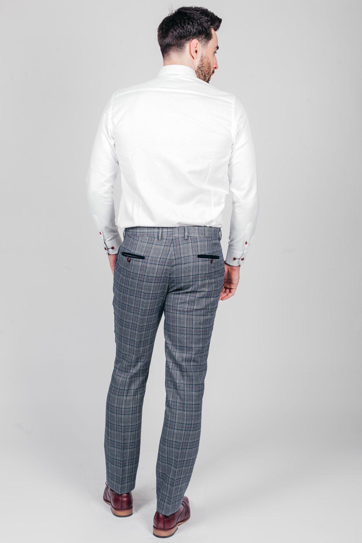 ENZO Blue Grey Check Tweed Trousers for Women - Classic Vintage High Waist Pants for Office, Dating & Fall Fashion