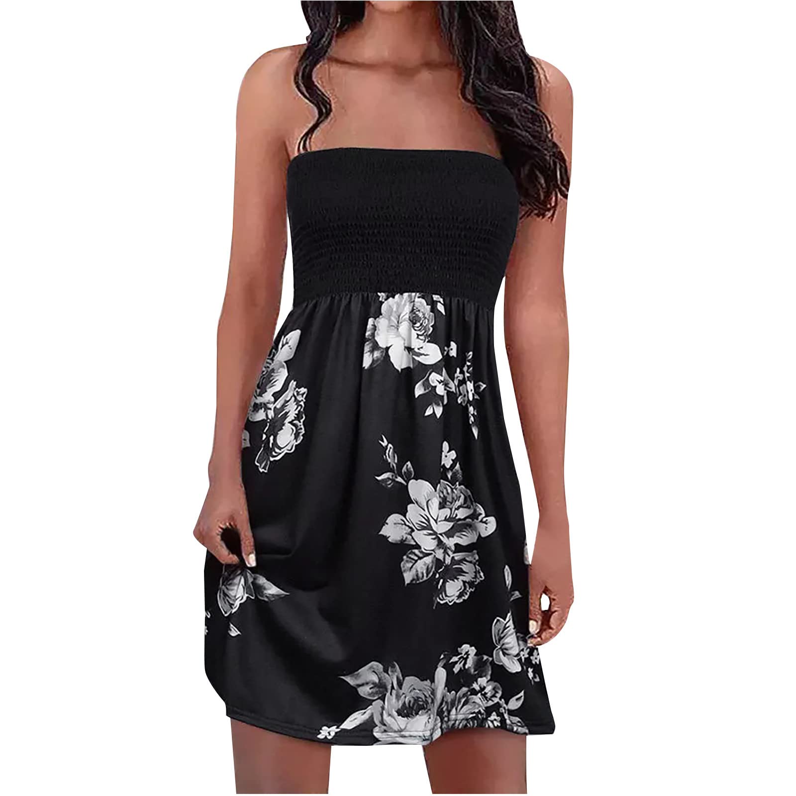 Ganfancp Women's Casual Summer Dress - Sleeveless Off Shoulder Bohemian Beach Dress, Sexy Tube Top Flowy Mini Swing Dress for Vacation, Party & Date Night