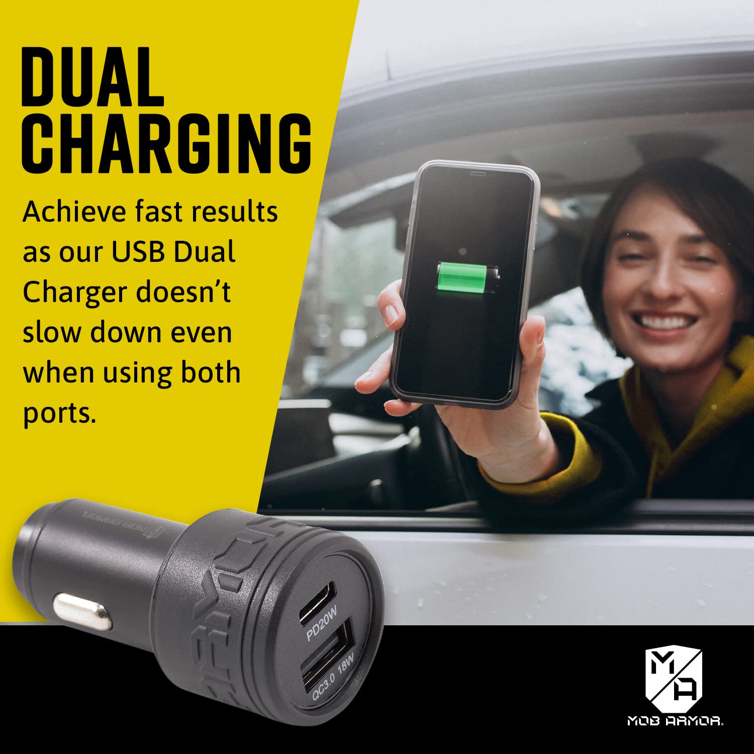 **Mob Armor 38W Dual USB Car Charger - Fast Charging USB C & USB A Adapter for iPhone, Samsung, Android - Perfect for Road Trips, Commuting & Travel (Black)**