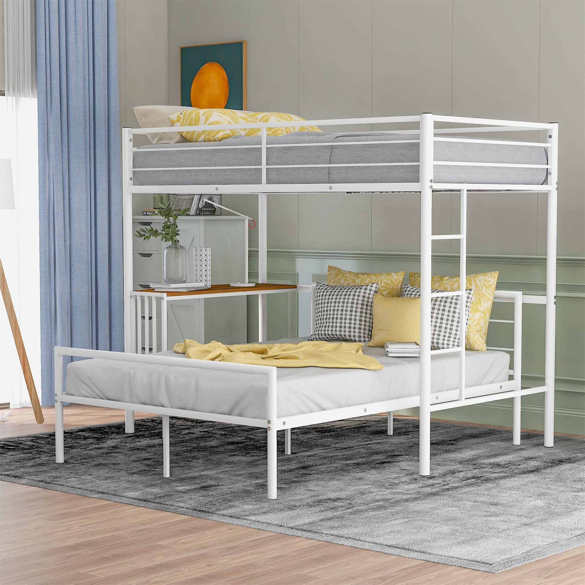 Twin Over Full Metal Bunk Bed with Study Desk, Safety Ladder & Reinforced Slats - Space Saving Kids Bedroom Furniture (White) - Perfect for Small Rooms, Shared Kids' Bedrooms & Dormitories