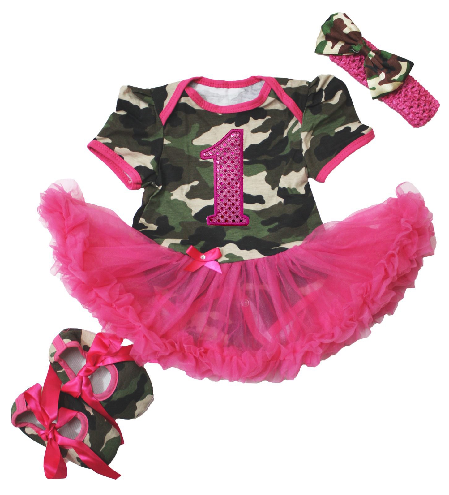Petitebella 1st Camouflage Bodysuit with Hot Pink Tutu - Baby Girl Dress & Shoes Set for Newborn to 18 Months | Perfect for Photoshoots, Birthday Parties & Special Occasions
