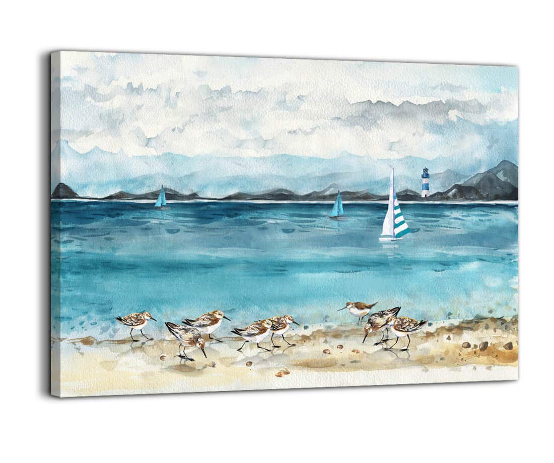 Ocean Lighthouse & Seabird Framed Wall Art - Modern Beach Theme Decor Paintings for Bathroom, Bedroom & Kitchen - Perfect for Coastal, Nautical & Home Decor Styles