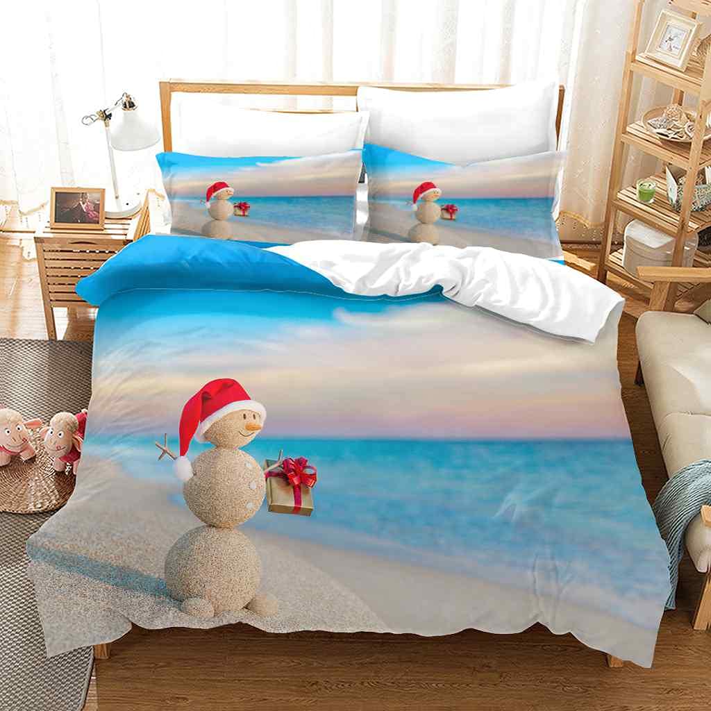 Modern Christmas Snowman on The Beach Duvet Cover Set Queen 90x90 Inches - Soft Microfiber Comforter Cover with Zipper Closure & Corner Ties, Includes 2 Pillow Shams | Cozy Holiday Bedding for Winter & Christmas Decor