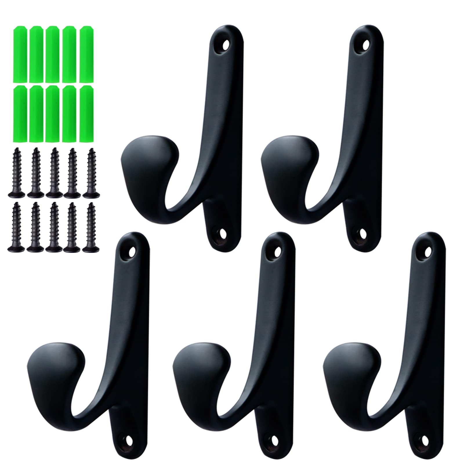 5-Pack Heavy Duty Wall Hooks for Backpacks, Coats & Towels - Single Mount Hangers with Screws & Anchors Included - Durable Entryway & Patio Hooks for Home Organization (Flat Black) - Perfect for Mudrooms, Bathrooms & Outdoor Spaces