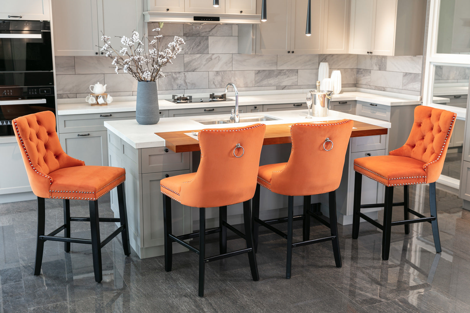 Luxury Velvet Bar Stools Set of 2 - Modern Button Tufted Bar Chairs with Wooden Legs & Chrome Nailhead Trim - Orange Upholstered Counter Stools for Kitchen Island, Home Bar & Dining Room Decor