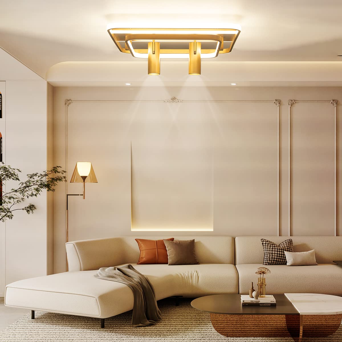 Modern Gold Flush Mount Ceiling Light 88W - Square LED Close-to-Ceiling Fixture with Stepless Dimming & Remote Control - Perfect for Living Room, Bedroom, Kitchen & Hallway Lighting