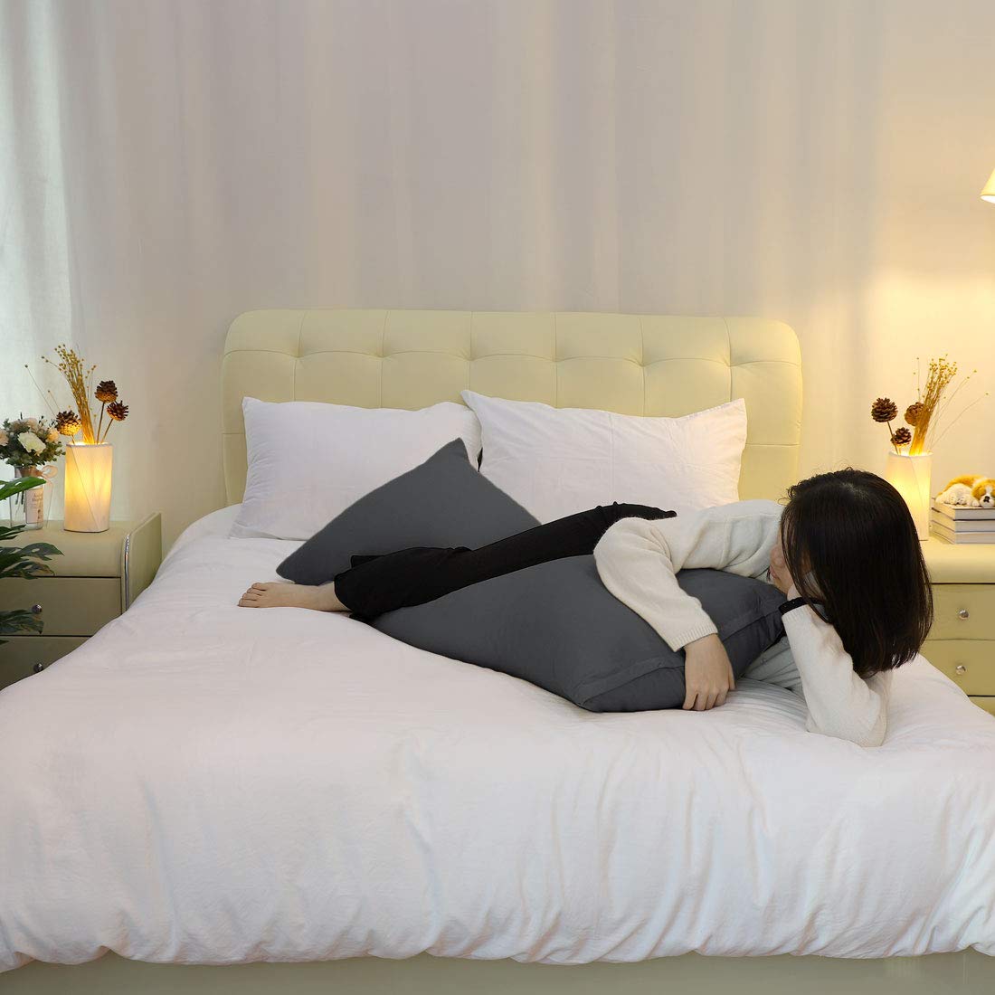 PiccoCasa 2 Pack Luxury 1800 Microfiber Body Pillow Cover with Zipper Closure - Fits 20x48 Inch Pillows, Soft Grey & Charcoal - Perfect for Sleeping, Lounging, and Home Decor