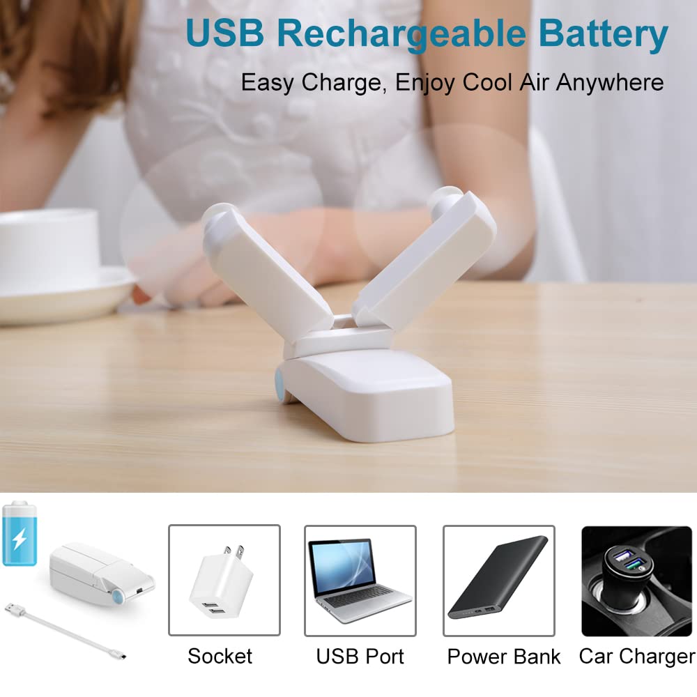 Portable USB Rechargeable Handheld Fan - Dual Head Mini Personal Fan with 2 Speed Settings, Strong Wind Cooling for Women & Girls - Perfect for Outdoor Travel, Office, Gym, and Summer Activities (White)