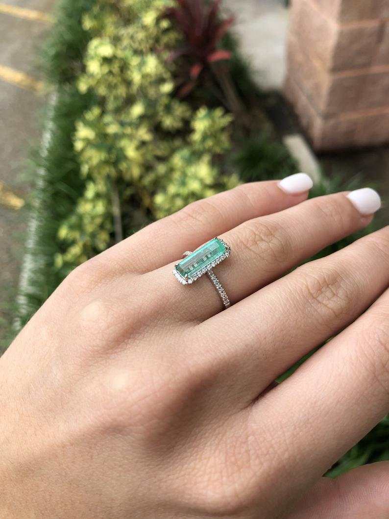 2.28tcw Natural Emerald & Diamond Halo 14K Gold Ring for Women - Elegant Elongated Rectangle Engagement Wedding Gift - Perfect for Anniversary, Proposal & Special Occasions