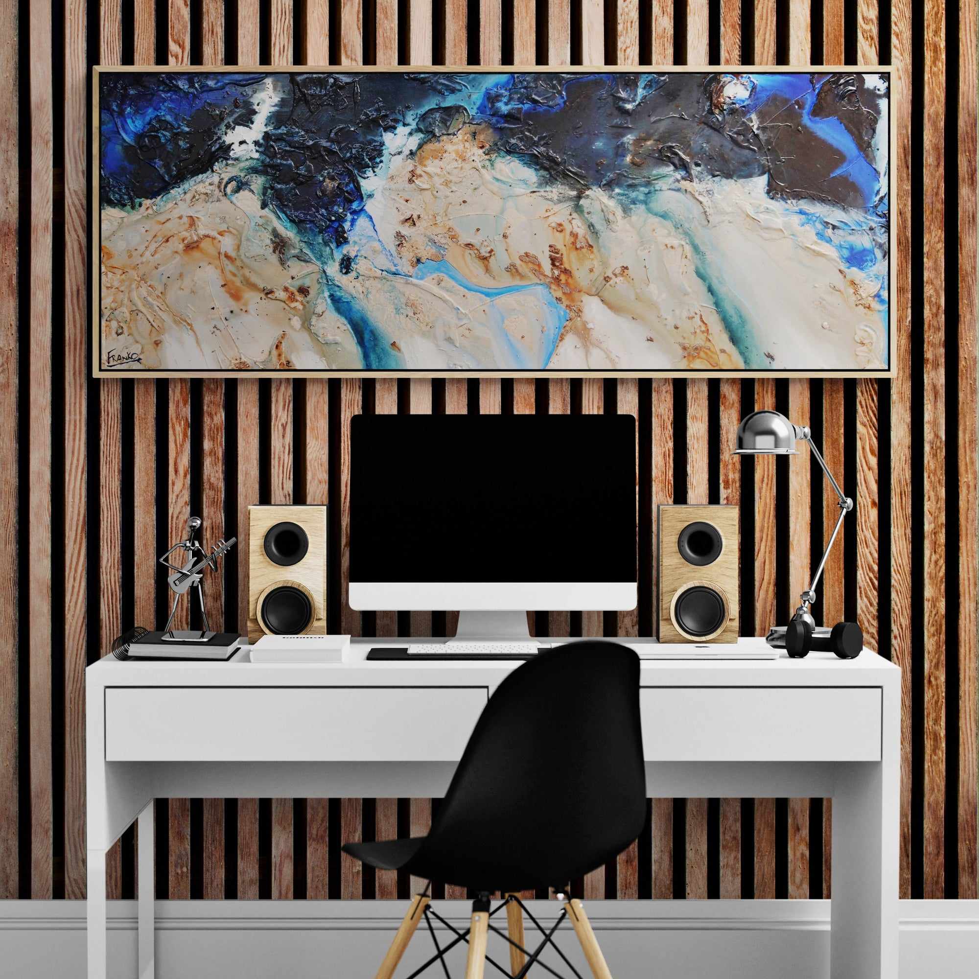 Midnight Hour 160cm x 60cm Blue Cream Textured Abstract Canvas Painting - Modern Wall Art for Living Room, Bedroom & Office Decor
