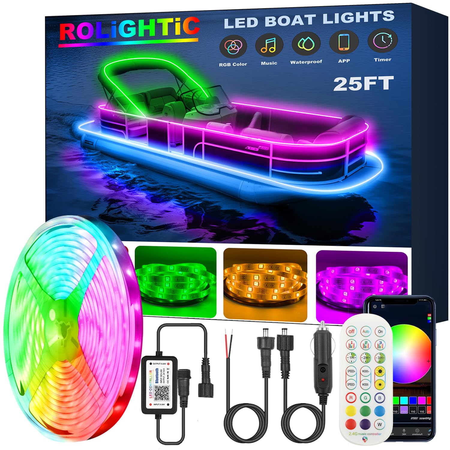 25FT LED Boat Lights - 12V APP & RF Remote Control RGB Marine Strip Lights, IP66 Waterproof for Pontoon, Bass, Fishing Boats & Yachts | Deck & Interior Lighting for Night Fishing & Party Atmosphere