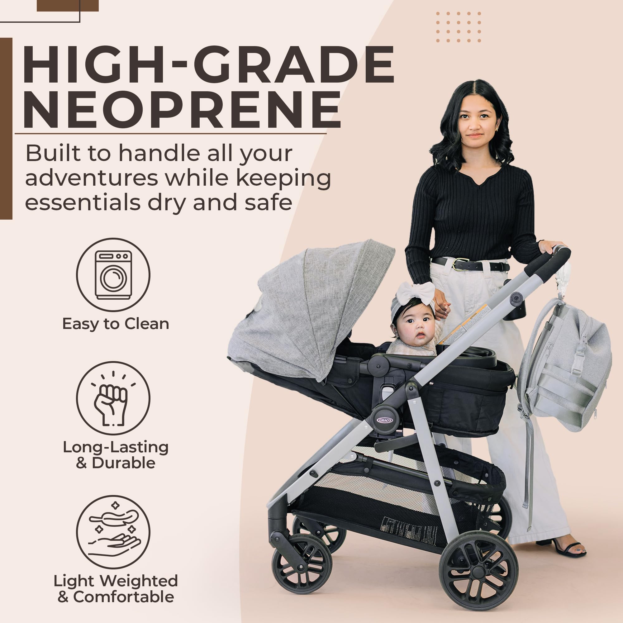 Lightweight Waterproof Diaper Bag Backpack for Moms - Insulated Neoprene Baby Bag with Changing Pad, Stroller Straps & Wet Pocket - Perfect for Travel, Daycare and On-the-Go Parenting