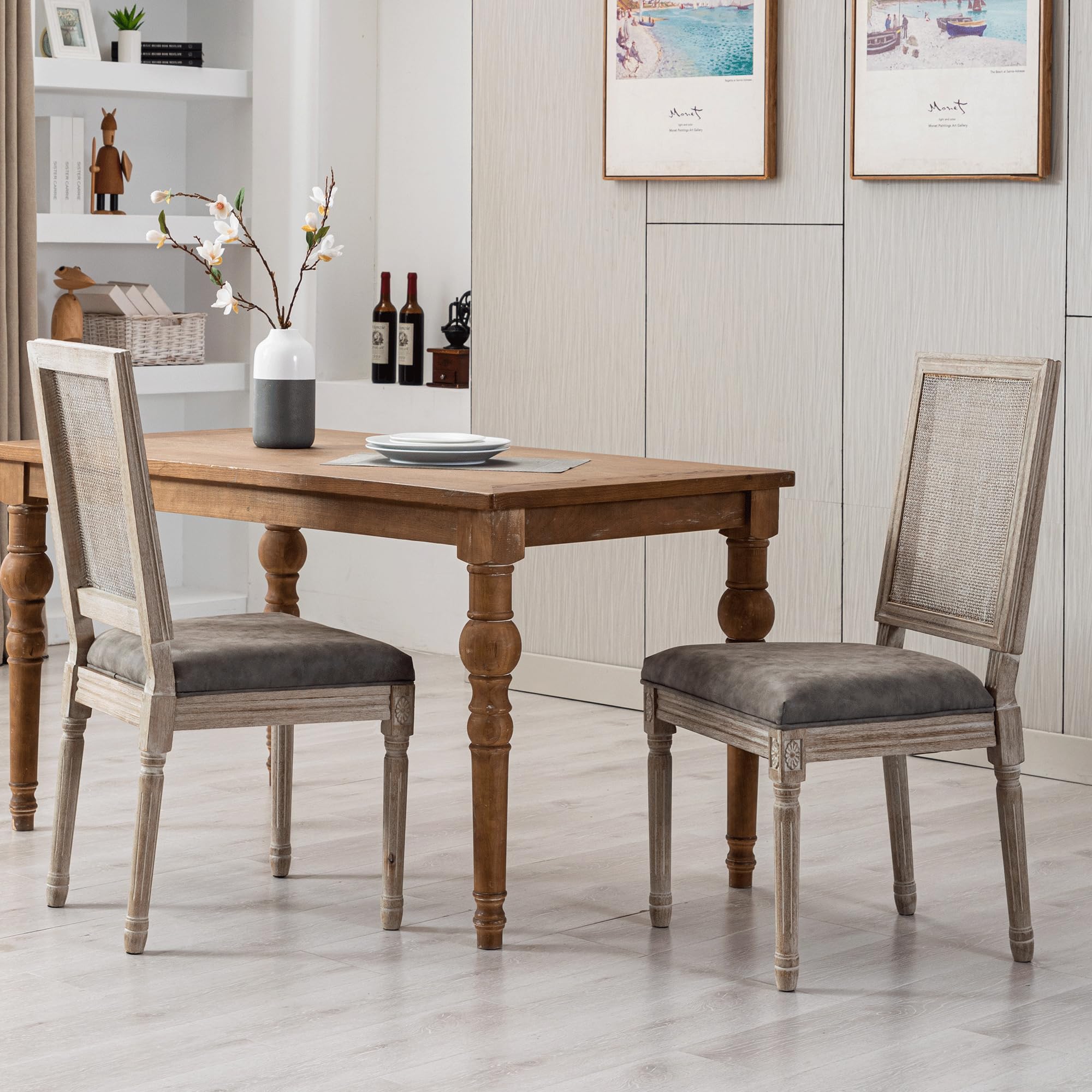 Premium PU Leather Dining Chairs Set of 2 - Mid Century Modern Kitchen Chairs with Upholstered Seat & Rattan Back - Accent Side Chairs for Living Room, Dining Room, Bedroom - Grey - Perfect for Home Decor, Small Spaces & Entertaining Guests