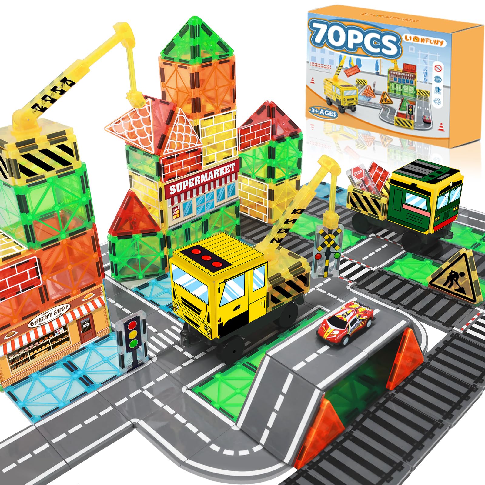 Magnetic Building Blocks for Kids - STEM Educational Toys for Ages 3-12 | City Construction Set with 2 Cranes, Train Tracks & Road Cars | Perfect for Preschool Learning, Creative Play & Toddler Development