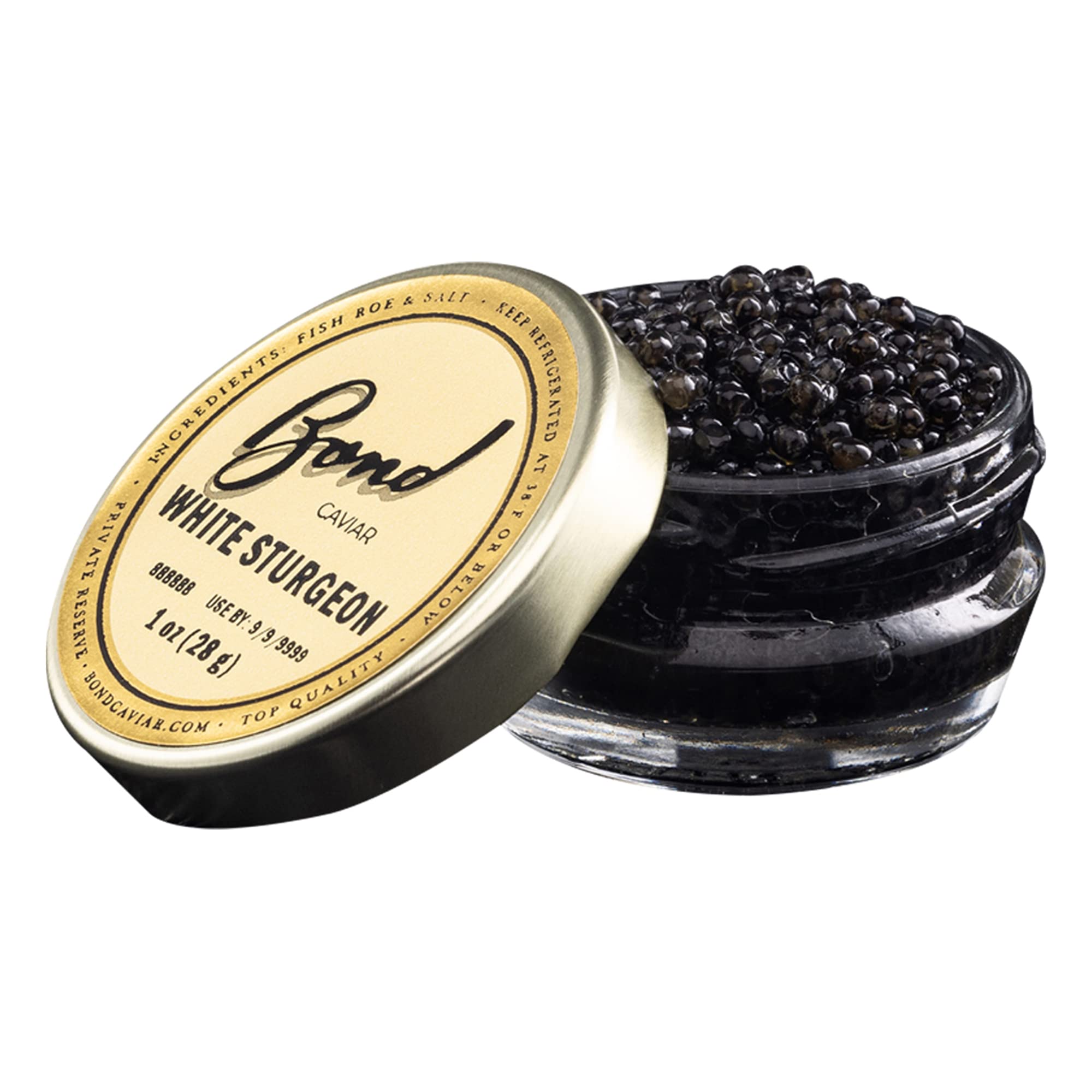 Premium White Sturgeon Caviar - Gourmet Black Caviar Roe with Glossy Golden Pearls, Malossol Sea Salt Cured - 1oz (28g) Glass Jar - Luxury Gift for Holidays, Weddings & Fine Dining - Overnight Shipping Available