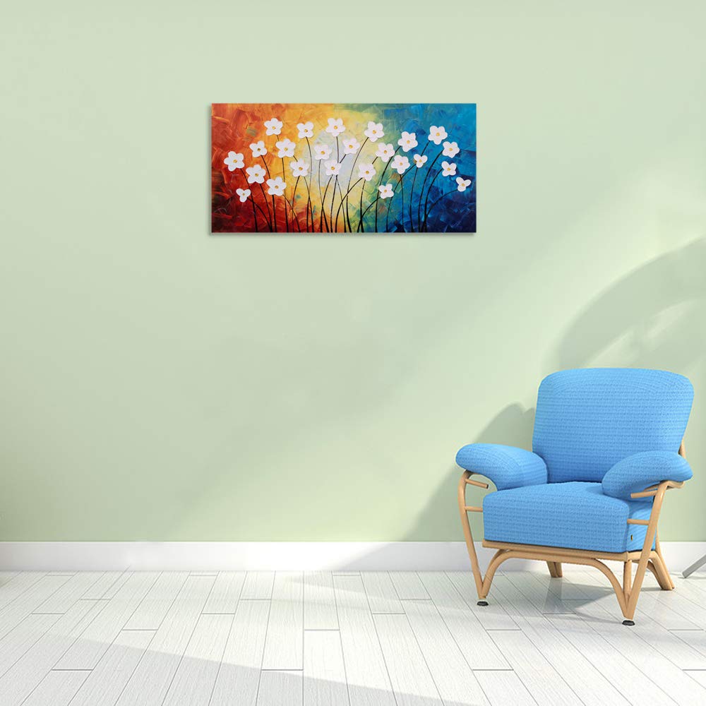 Hand Painted 3D Canvas Oil Painting - Modern Large Floral Wall Art in Light Blue, Yellow, Red & White | Yihui Arts Home Decor for Living Room, Bedroom, Nursery | Perfect for Housewarming Gifts & Interior Design