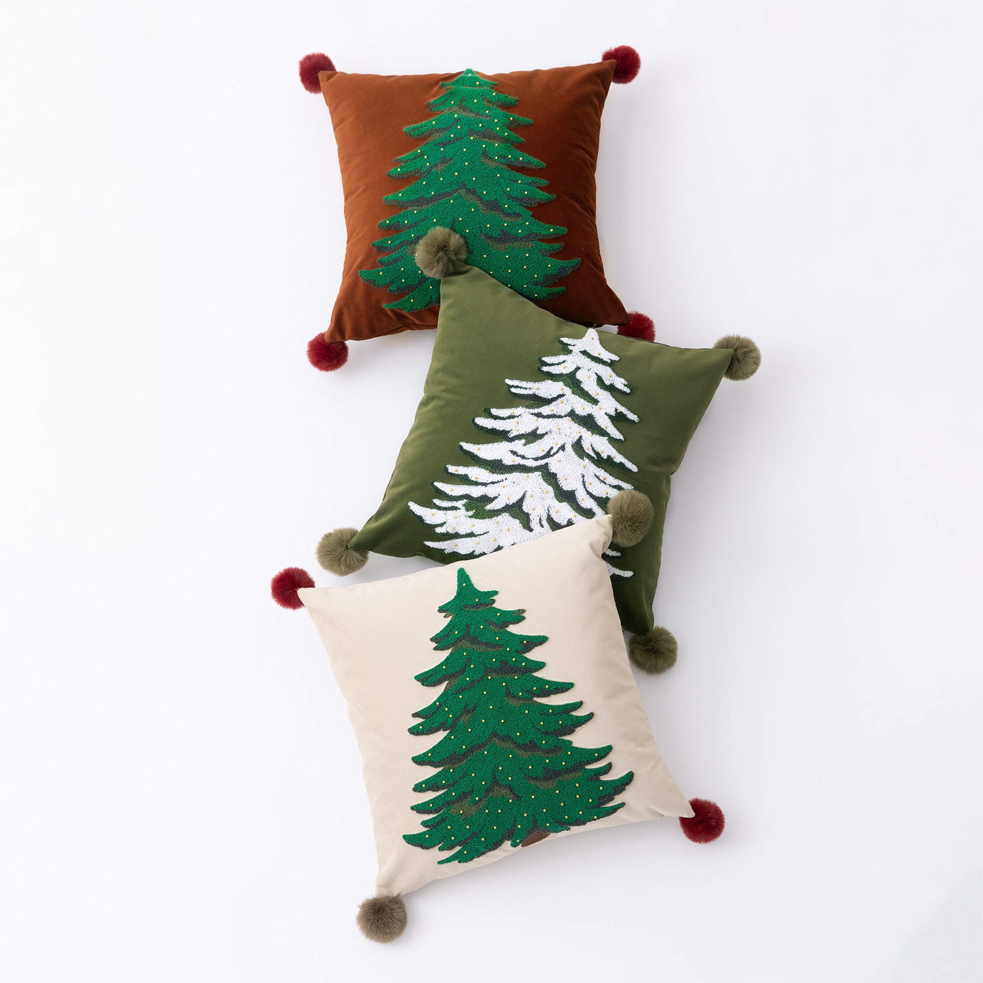 Classic Christmas Tree Throw Pillow Set - Embroidered Holiday Decor with Pom Pom Trim - Perfect for Sofa, Bed & Festive Home Decor