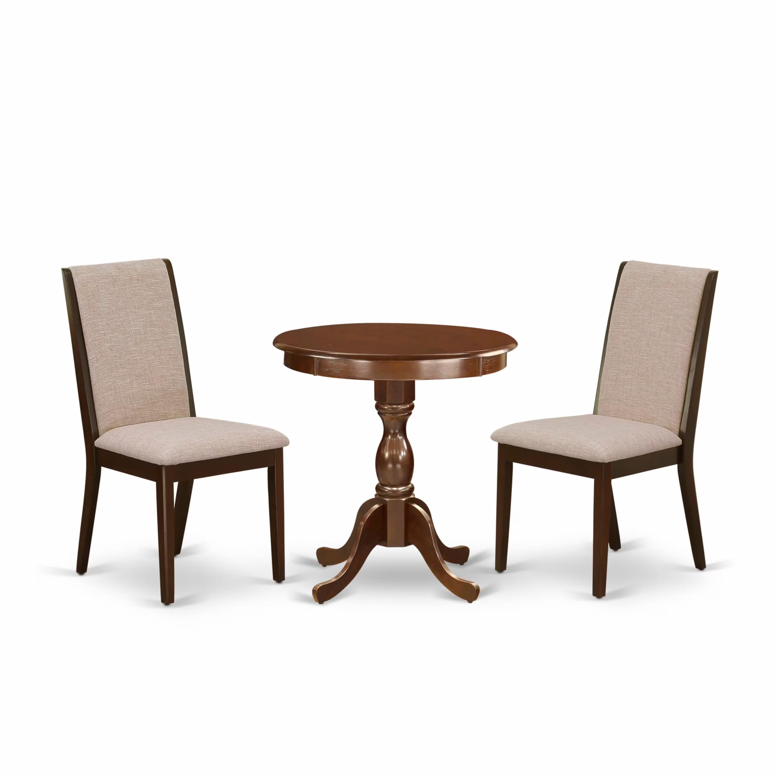 East West Furniture ESLA3-MAH-04 3-Piece Round Kitchen Dining Table Set with Pedestal Base & 2 Linen Parsons Chairs, 30x30 Inch, Mahogany Finish – Perfect for Small Spaces, Breakfast Nooks & Cozy Apartments