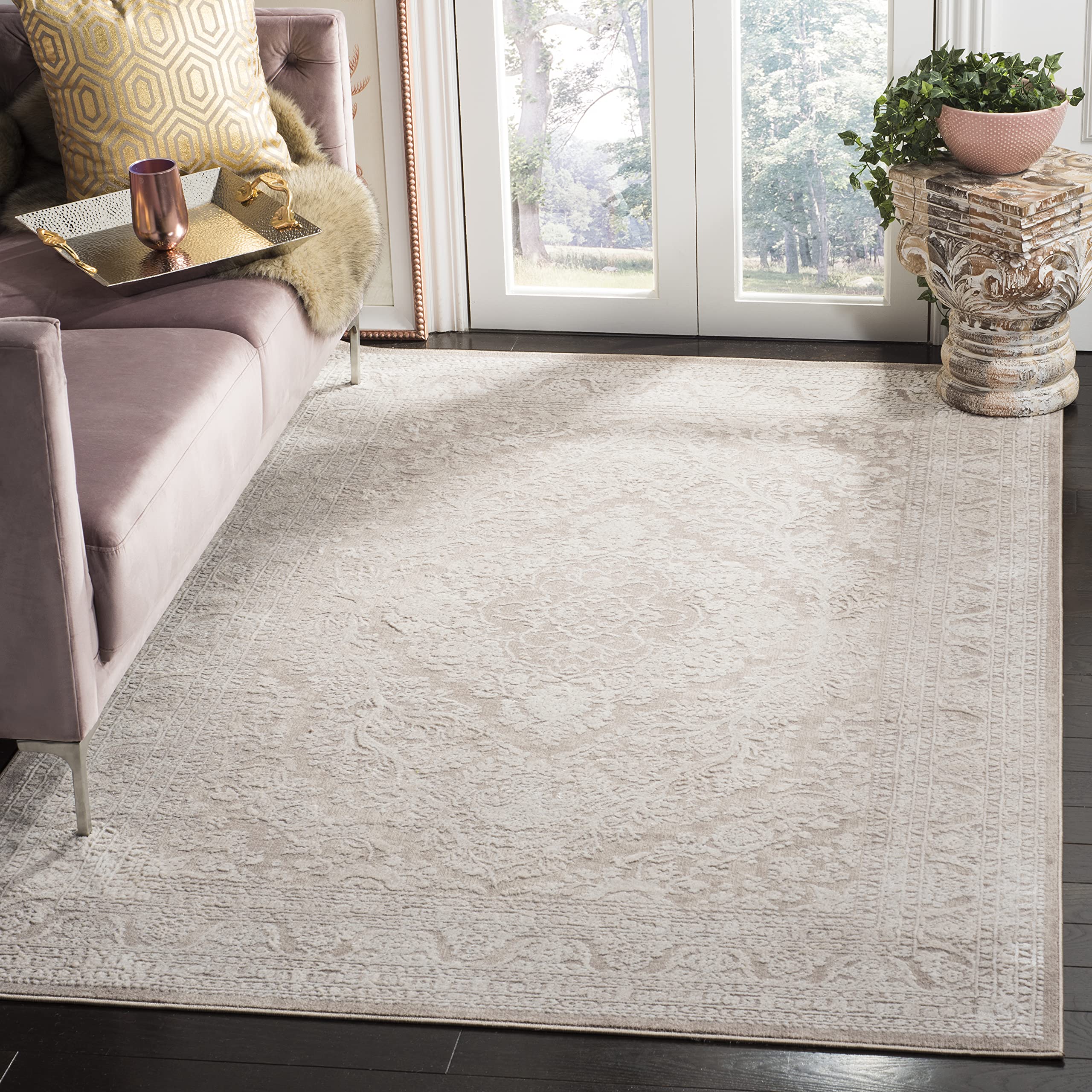 SAFAVIEH Reflection Collection 8' Square Beige/Cream RFT668A Boho Tribal Distressed Area Rug - Perfect for Living Room, Dining Room & Bedroom Decor