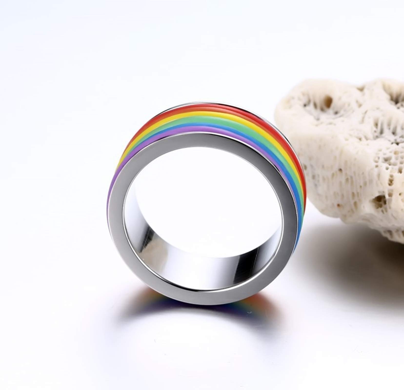 Beydodo LGBT Pride Rings for Men & Women - Stainless Steel Wedding Band with Silicone Rainbow Stripes - Size 6-13 - Perfect for Pride Events, LGBTQ+ Weddings & Everyday Wear