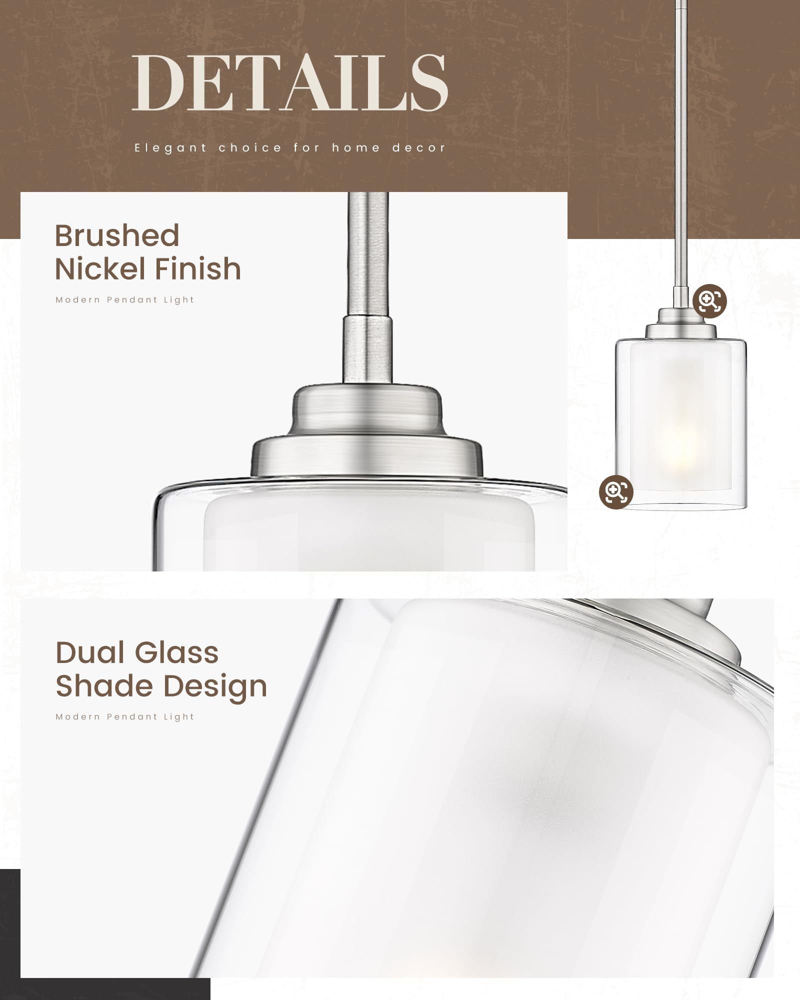 TENGXIN Modern Pendant Light with Brushed Nickel Finish - Kitchen Island Hanging Light Fixture for Farmhouse Dining Room, Bedroom, Bar & Office (Model TXPLBN02) - Perfect for Ambient Lighting Over Countertops and Dining Tables
