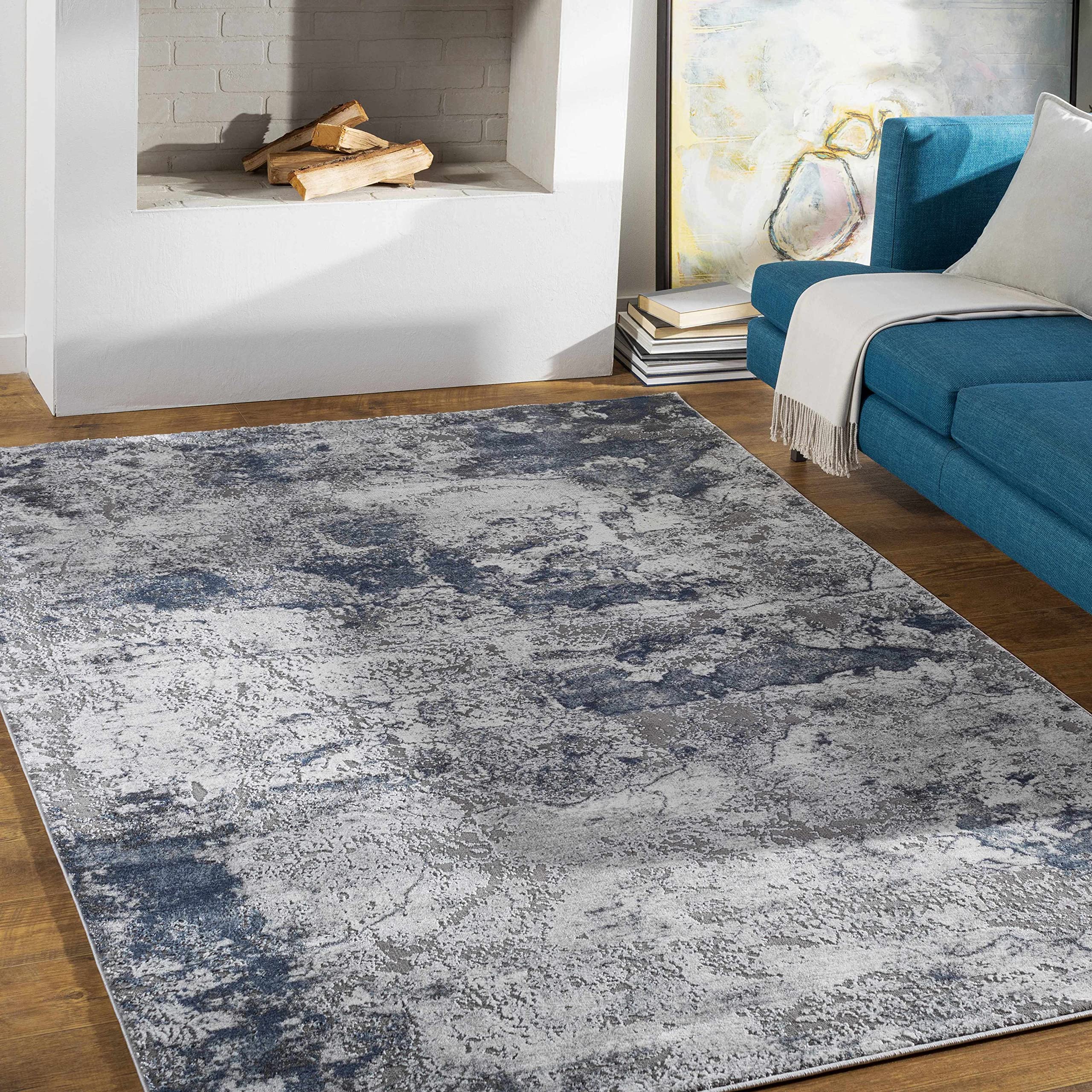 Hauteloom Marble Swirl Collection Modern Abstract Area Rug - Blue, Grey, Beige - 6'7