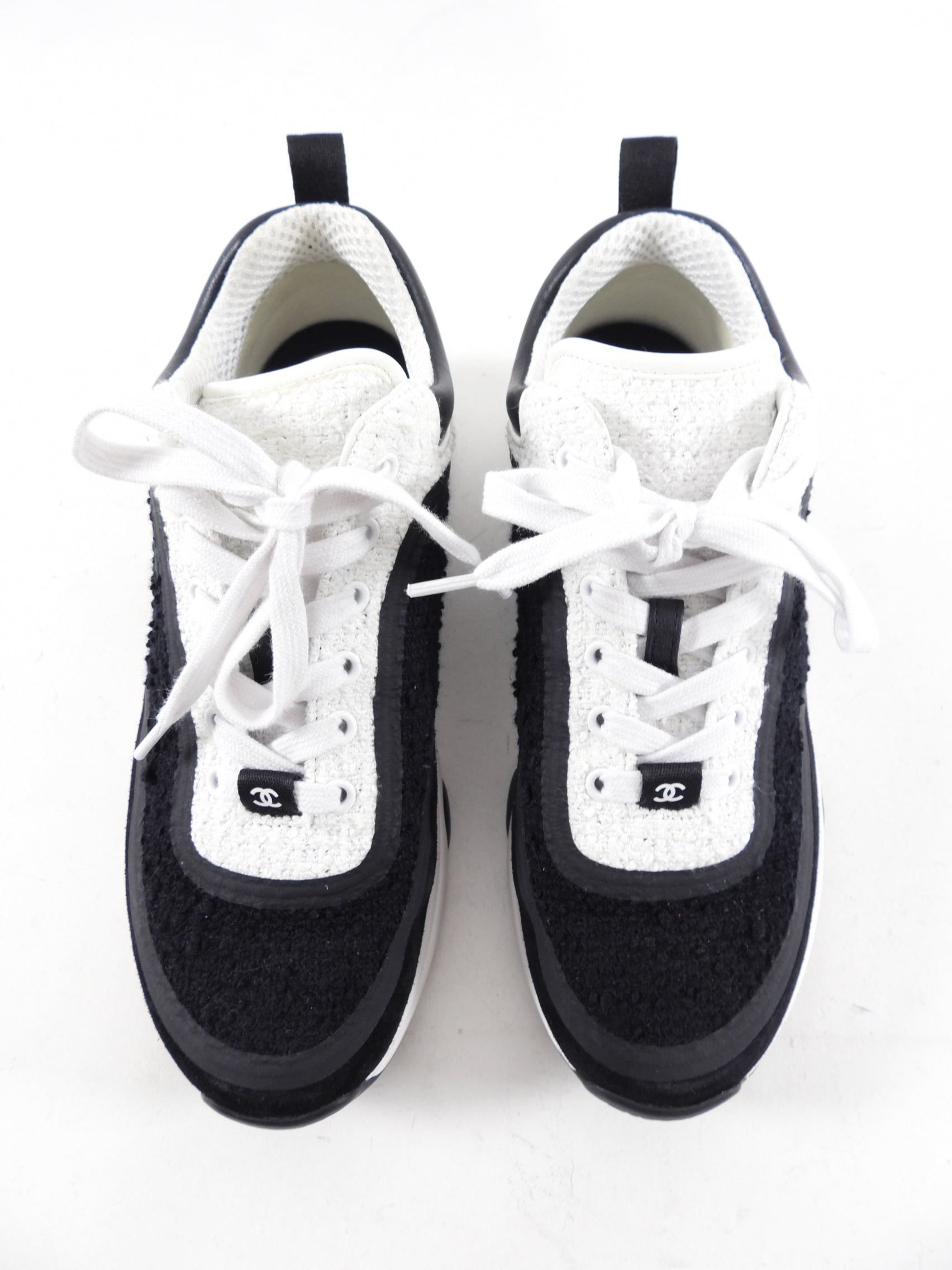 Chanel Black and White CC Logo Tweed Trainer Sneakers for Women - Size 36.5 / US 6.5 - Luxury Fashion Sneakers for Casual Wear & Street Style Outfits