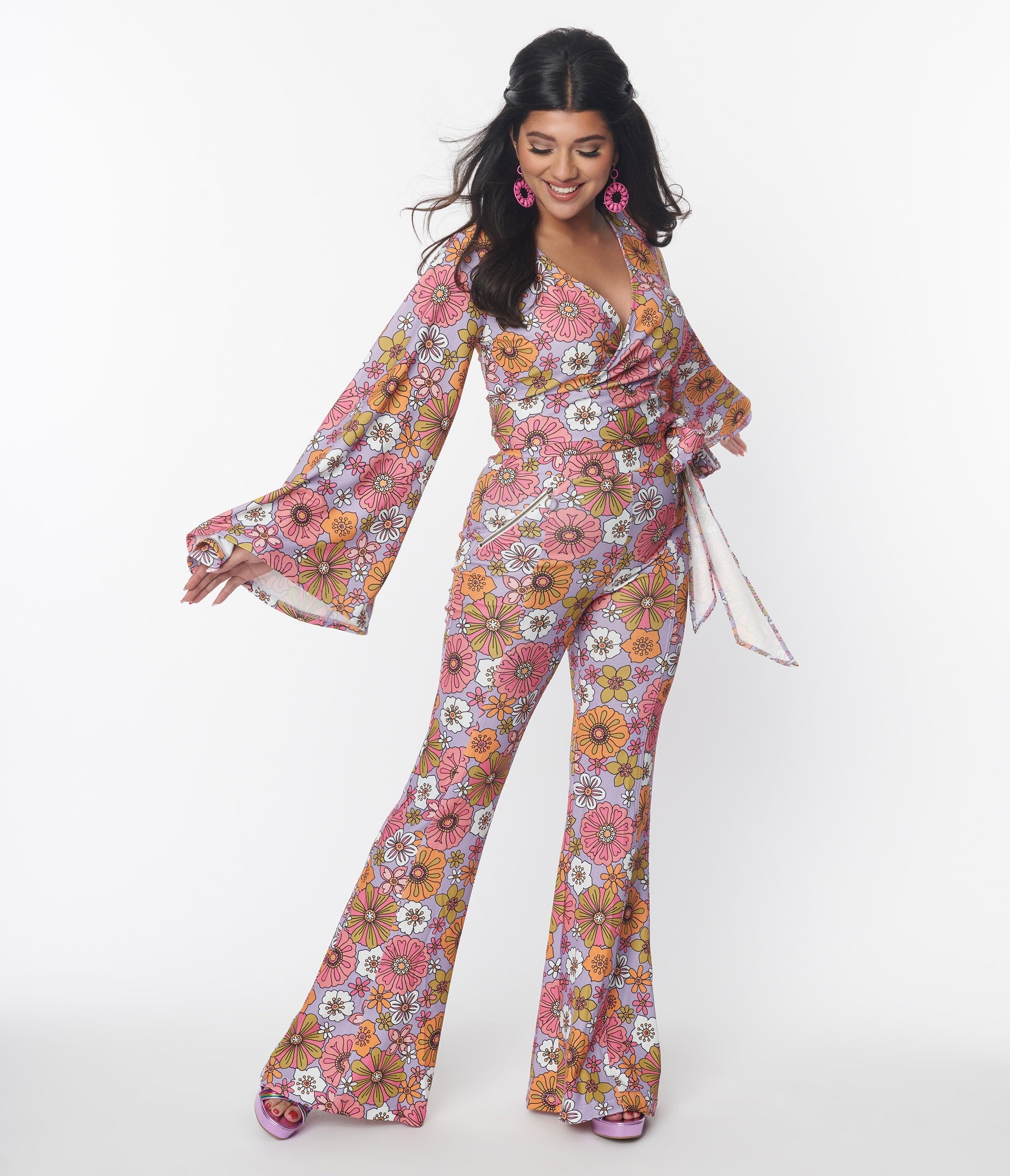 Smak Parlour Women's Lavender Retro Bloom Flare Pants with Zipper Pockets | Vintage 70s Style High Waisted Bell Bottoms for Casual Wear & Music Festivals