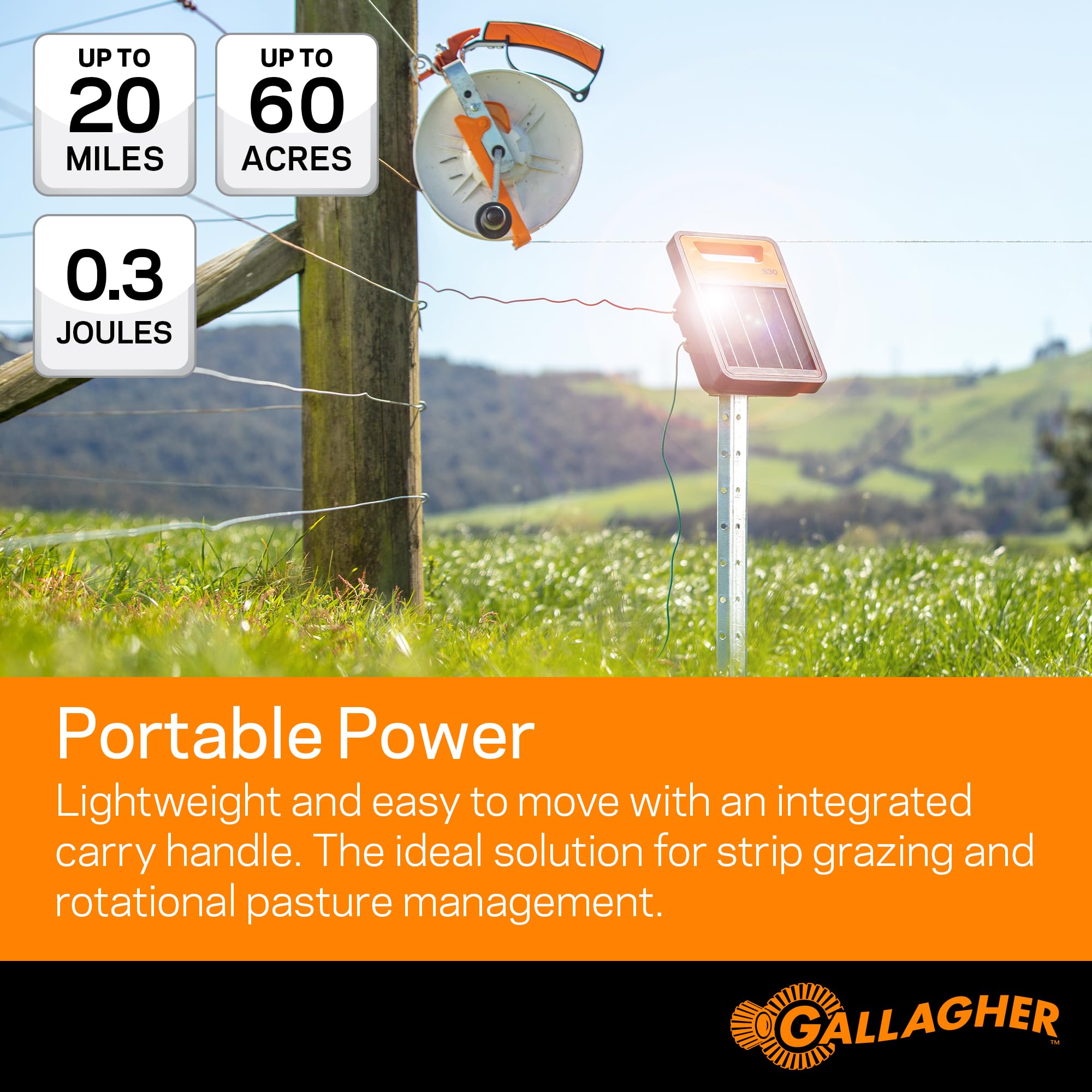 Gallagher S30 Solar Electric Fence Charger with Lithium Battery - 20 Mile/60 Acre Coverage | Weatherproof Solar Powered Energizer for Livestock & Farm Security | Portable Electric Fence Controller for Cattle, Horses & Wildlife Protection | Ideal for Pastures, Ranches & Agricultural Use