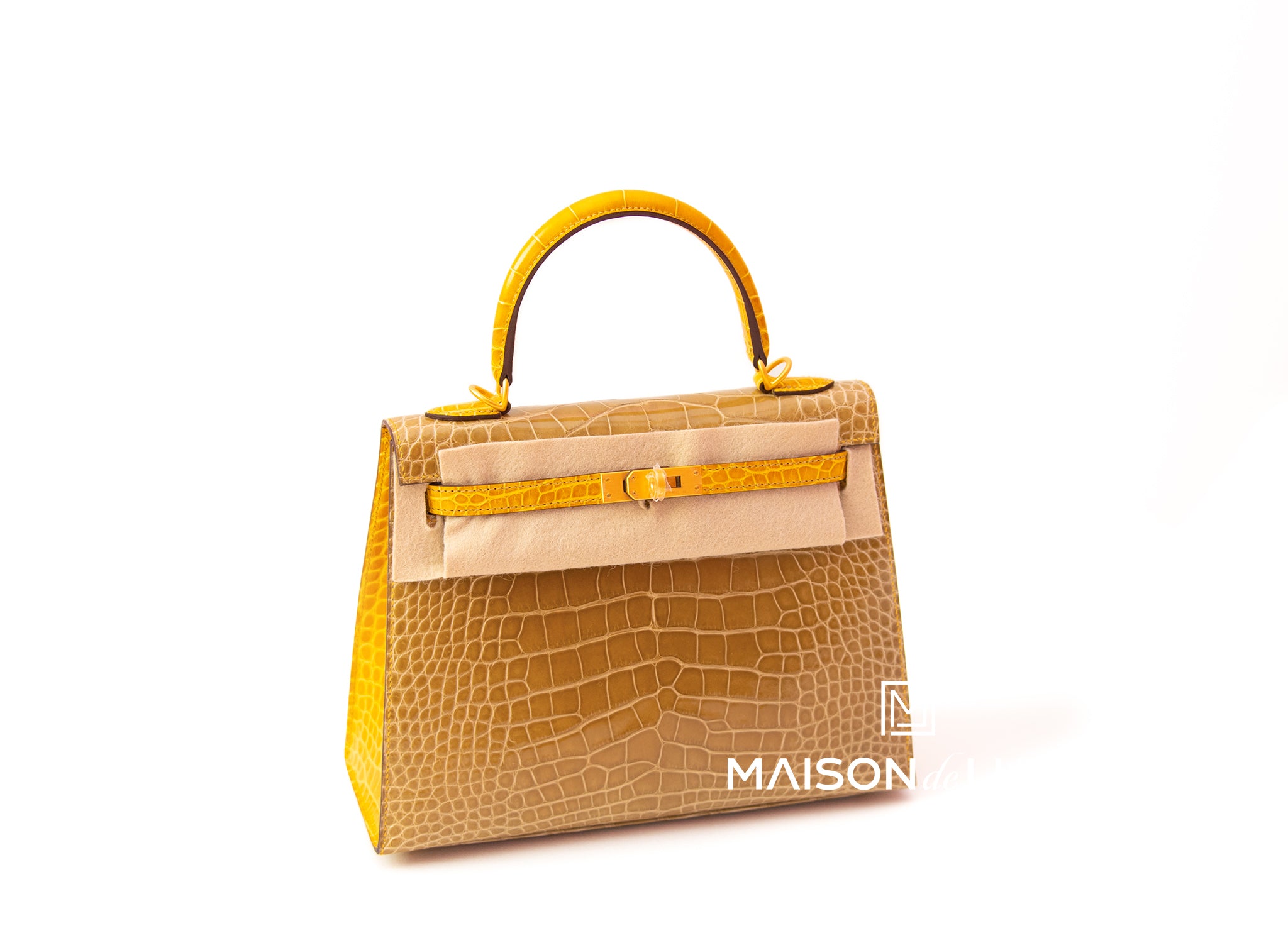 Hermes Kelly Sellier 25 Handbag - Beige Sable & Jaune Ambre HSS Shiny Alligator Leather - Luxury Women's Shoulder Bag for Work, Travel & Special Occasions