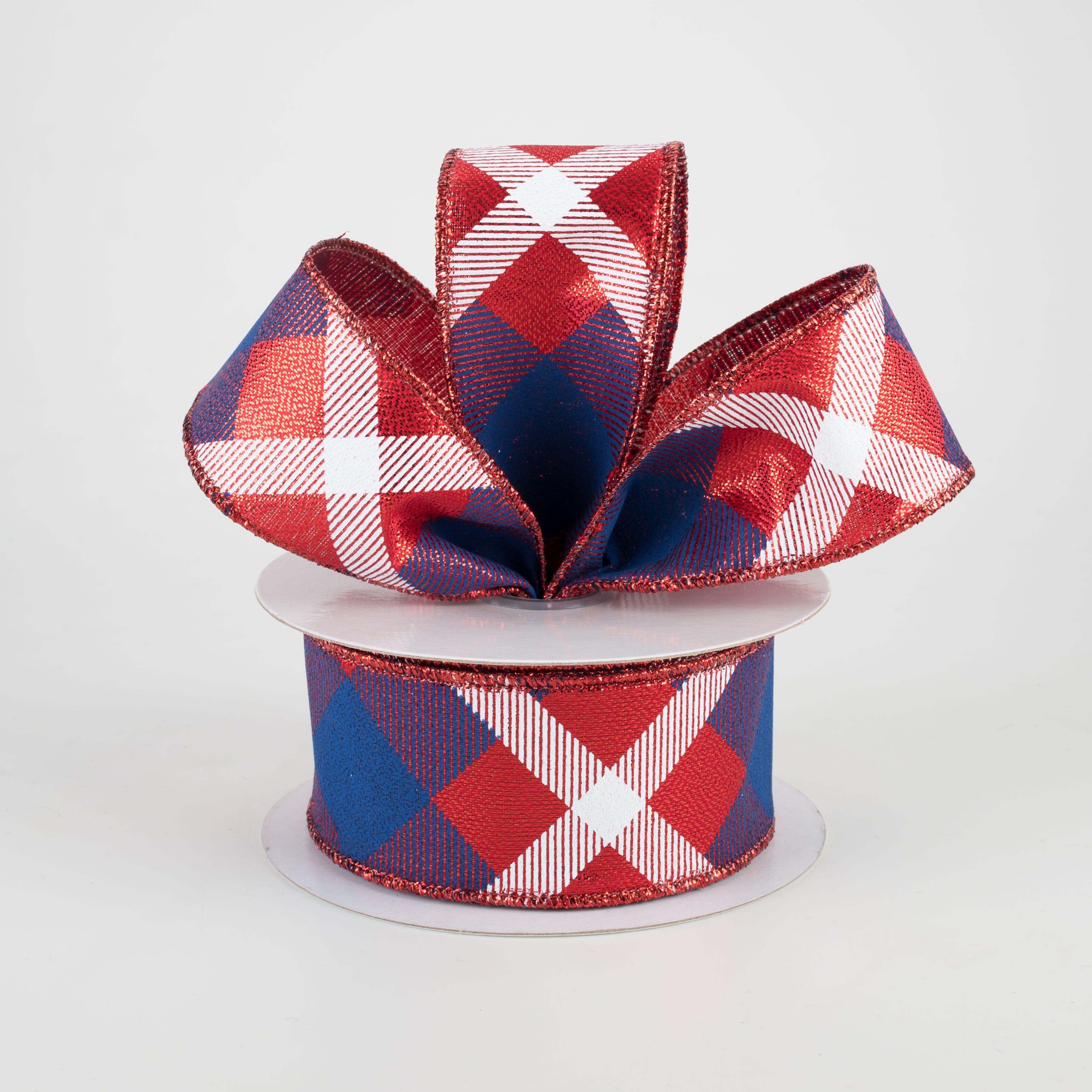 1.5 Inch Printed Plaid Metallic Ribbon - Patriotic Red White & Blue Decorative Ribbon (10 Yards) for Gift Wrapping, DIY Crafts, Party Decorations and Holiday Bows