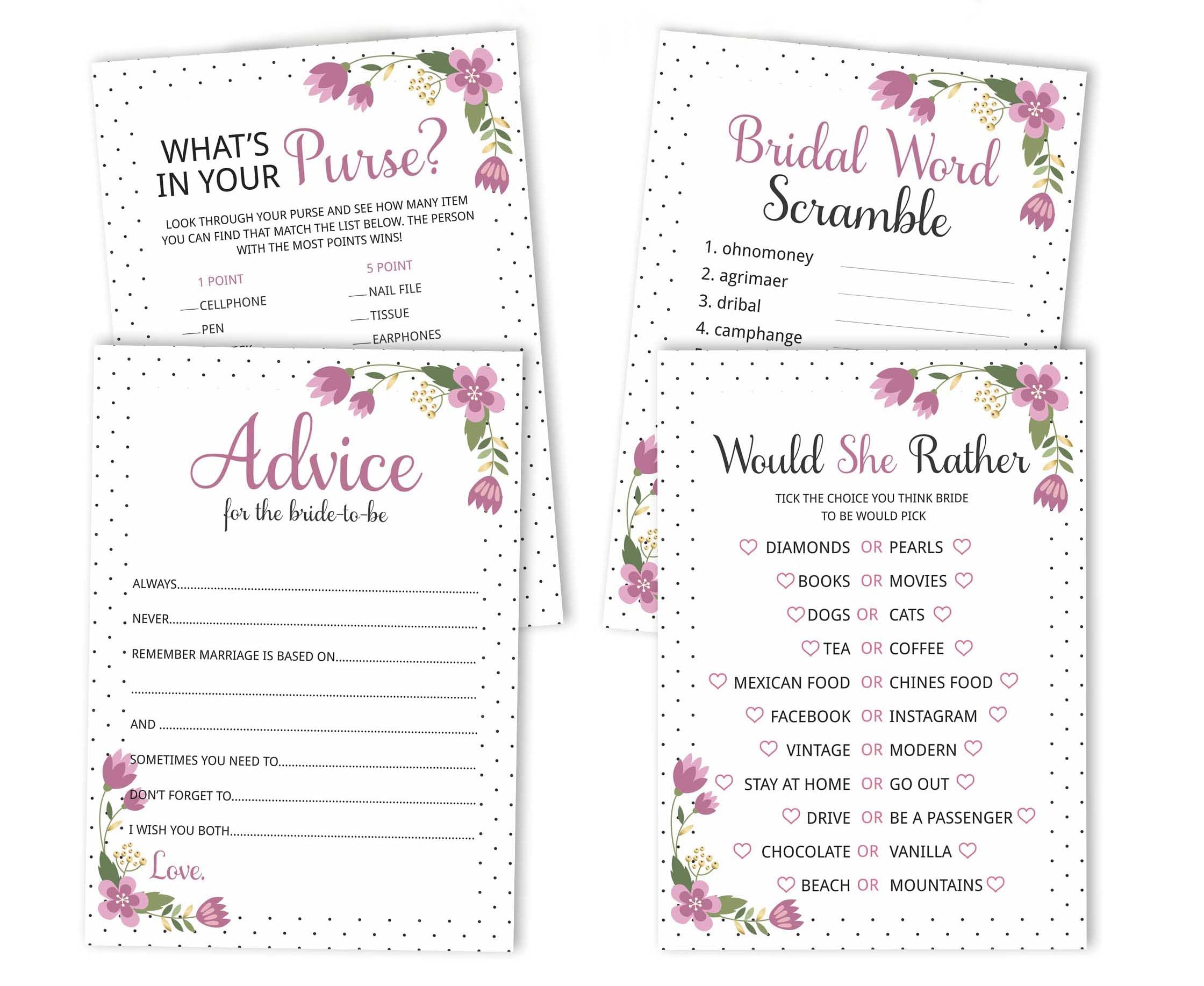 Floral Bridal Shower Games Set of 4 (50 Sheets Each) - Fun Bachelorette Party Games Bundle for Wedding Showers & Girls Night Out