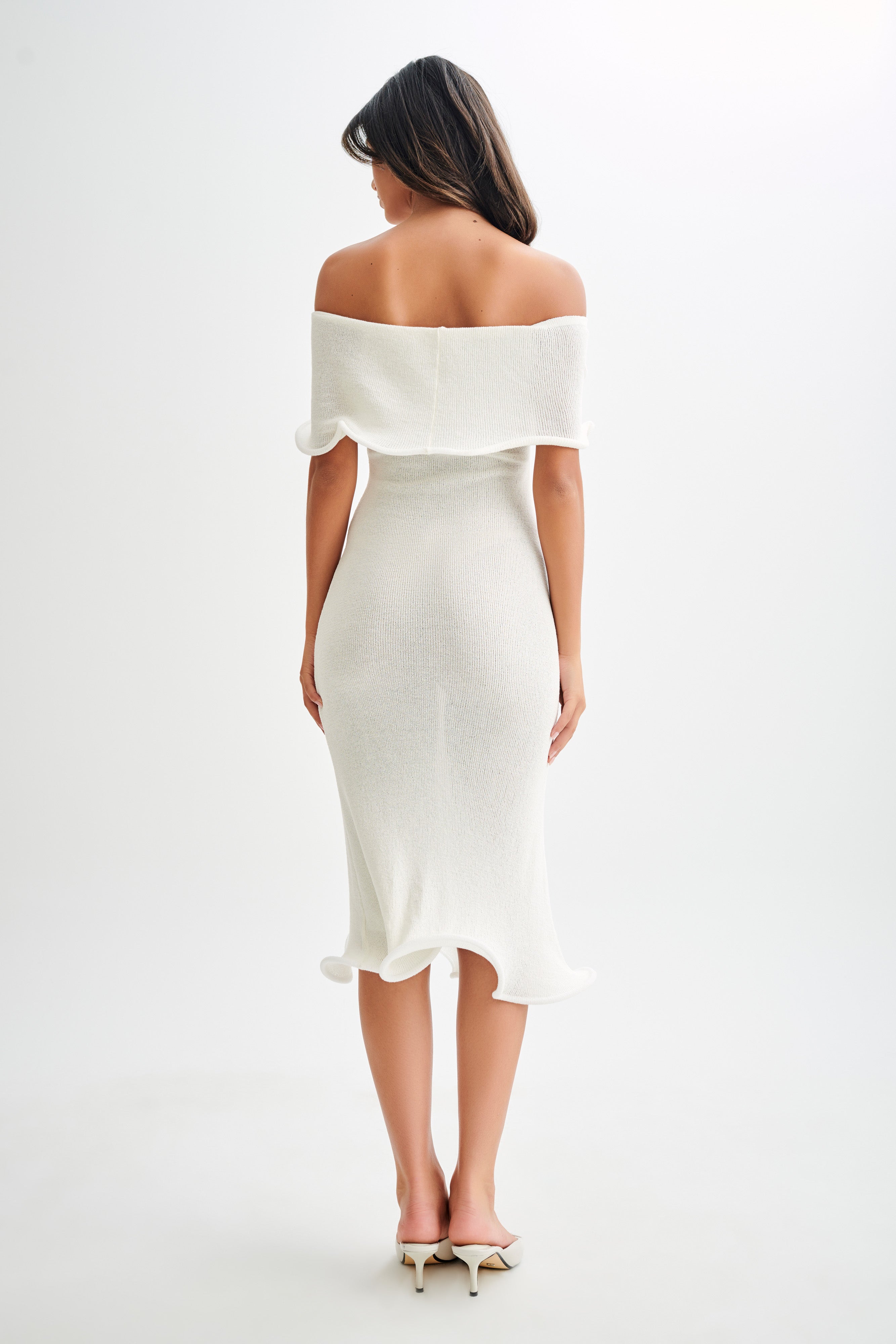 Molly Off Shoulder Knit Midi Dress - Ivory Color Women's Casual Summer Dress for Beach, Party & Date Night