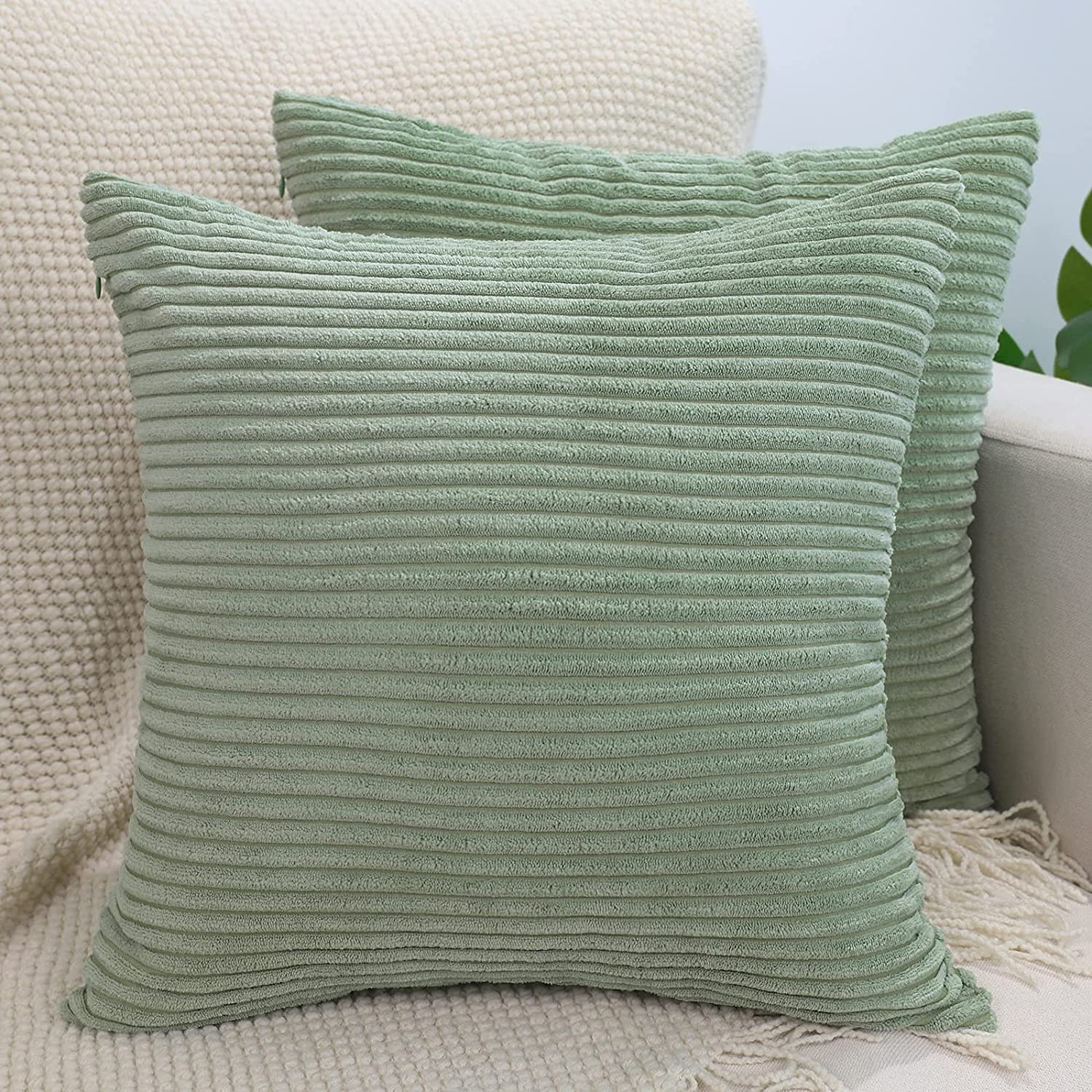 BeBen 22x22 Inch Corduroy Throw Pillow Covers Set of 2 - Soft Square Decorative Cushion Cases for Couch, Sofa, Bed & Car - Light Green Home Decor | Perfect for Living Room, Bedroom & Travel Accessories
